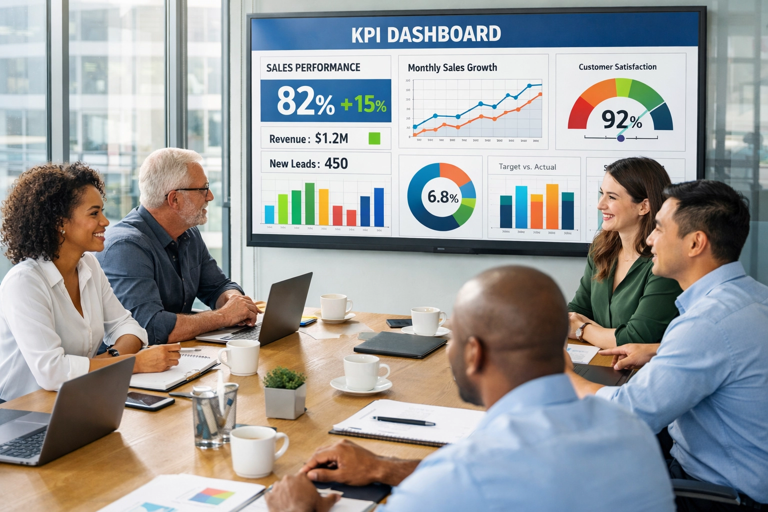 Business team reviewing ServiceNow KPIs and objectives during strategic planning session