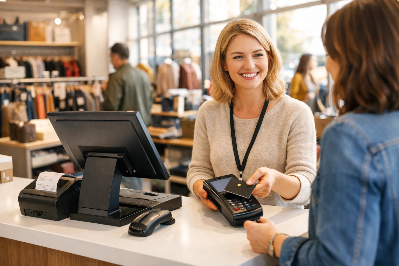 Modern POS terminal processing customer transaction in UK high street retail shop