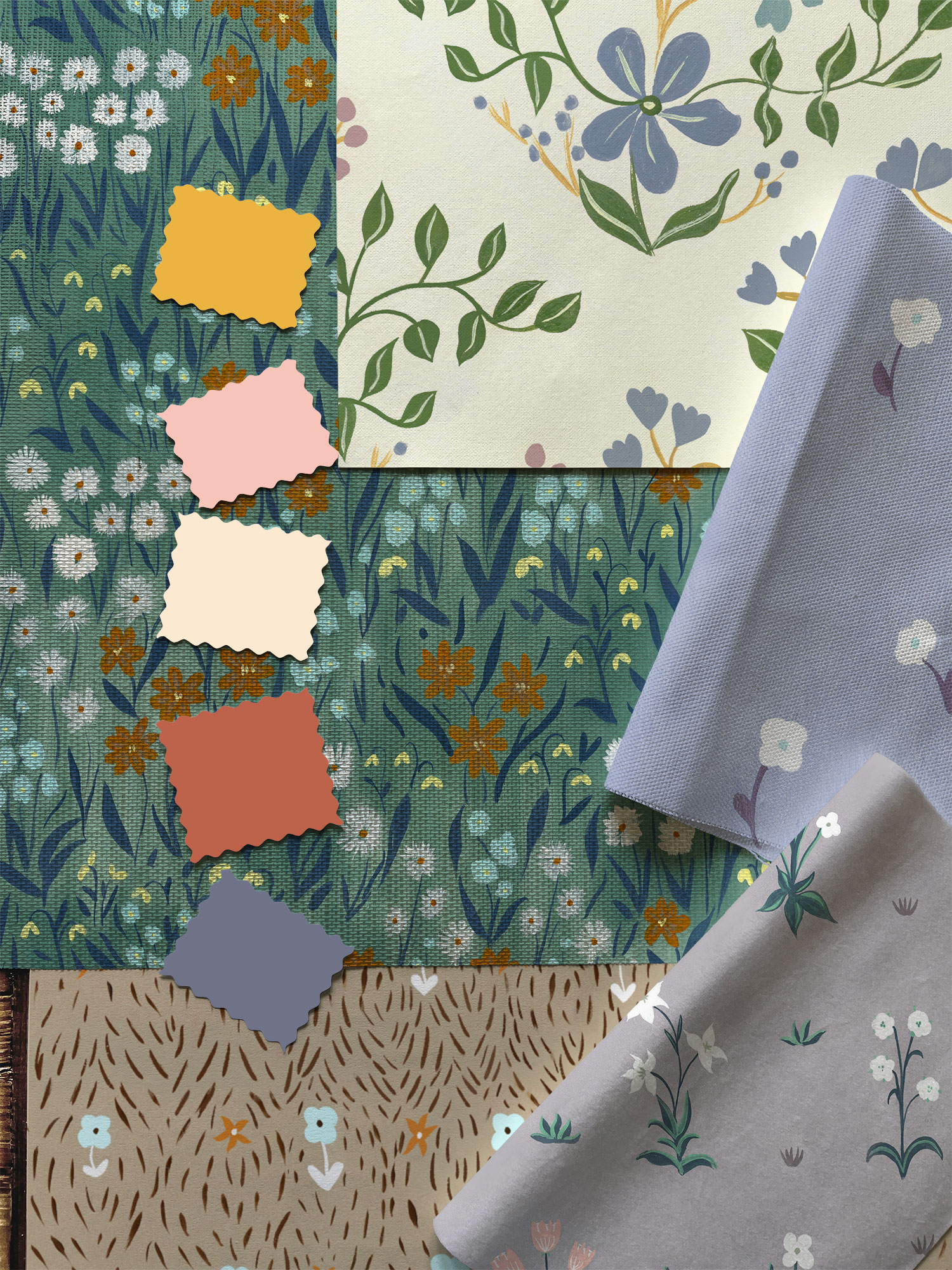 Hand-Painted Floral Textile and Wallpaper Samples