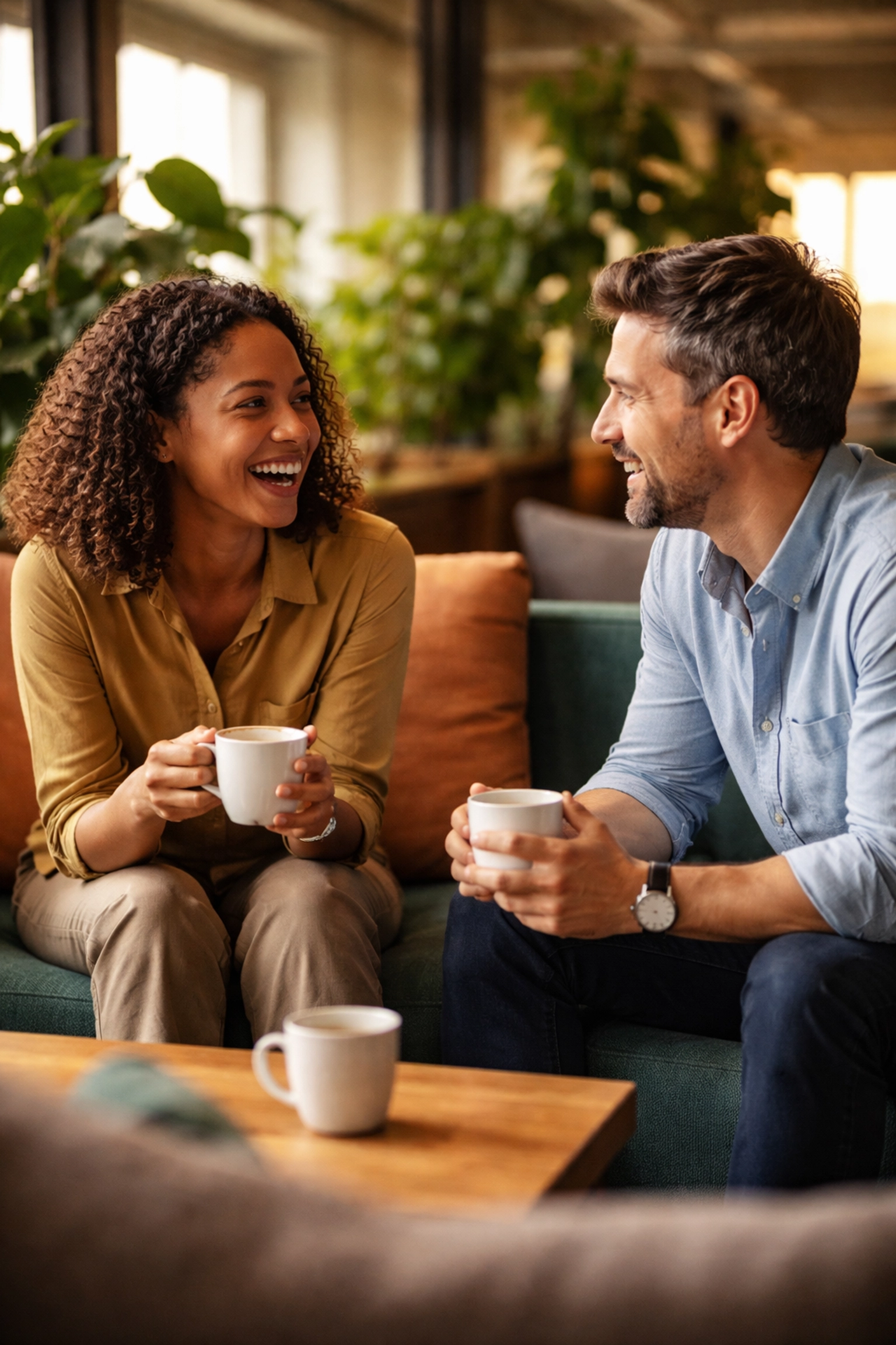 Coworkers sharing coffee and conversation in a cozy lounge, illustrating genuine employee connection