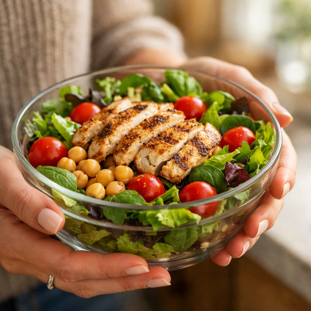 Protein and fiber-rich salad bowl with chicken, greens and chickpeas for blood sugar stability