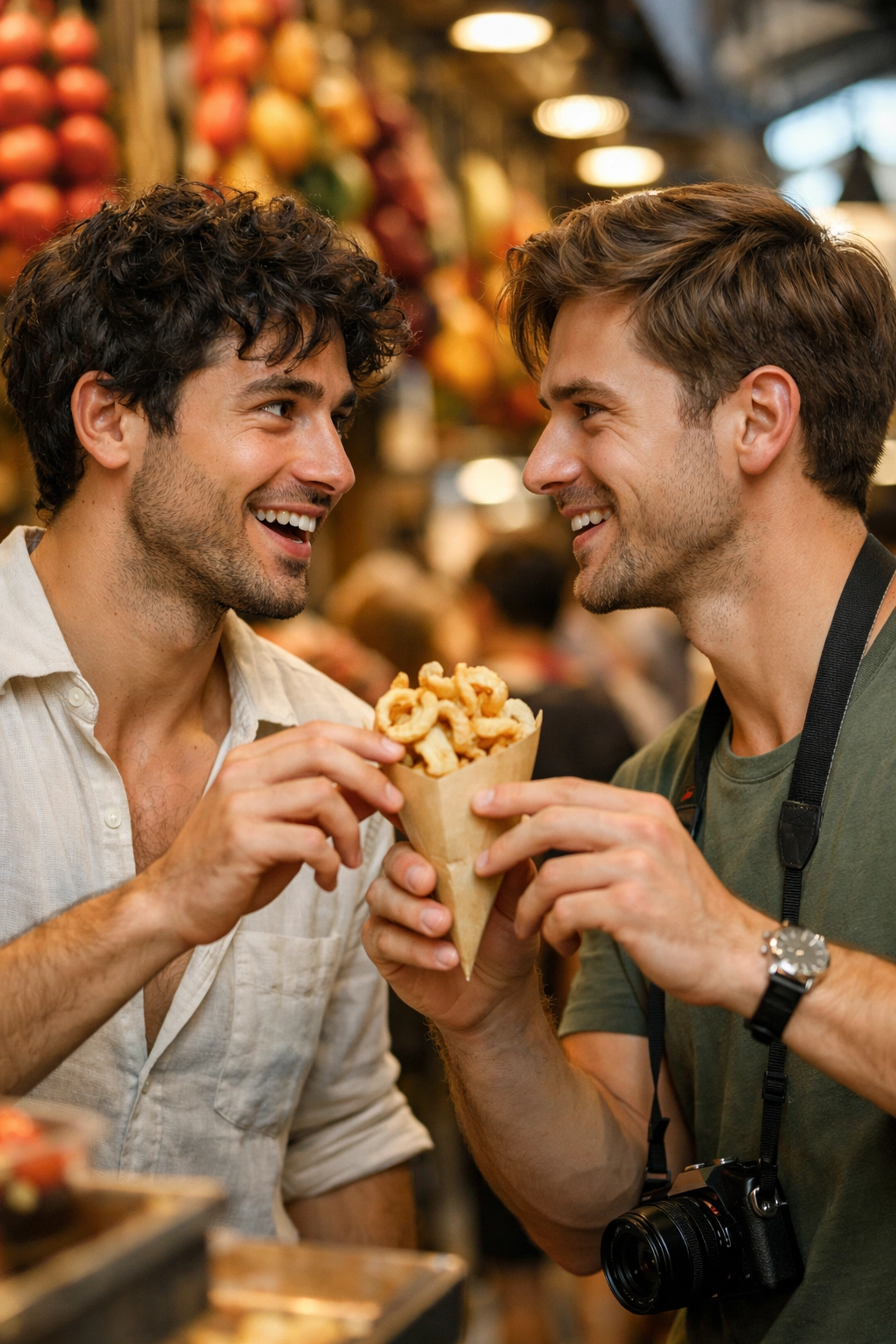 A romantic MM romance meet-cute between two men sharing food at a busy Barcelona market stall.