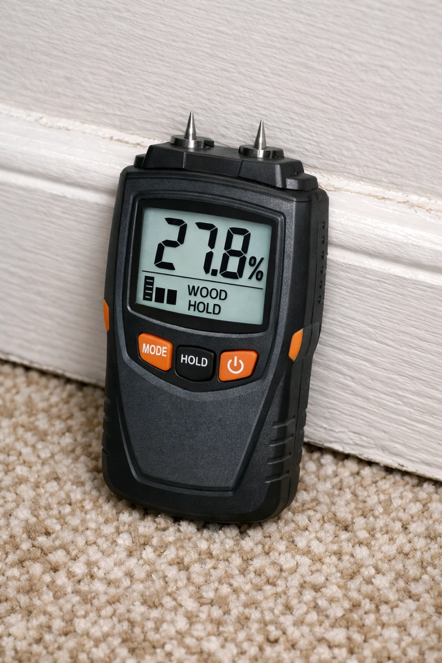 A technician using a moisture meter on wet baseboards to identify hidden water damage and prevent mold growth.