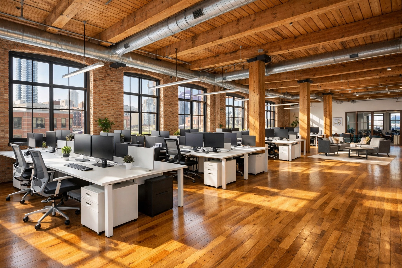 Pristine hardwood floors in a renovated Chicago Fulton Market loft office space.