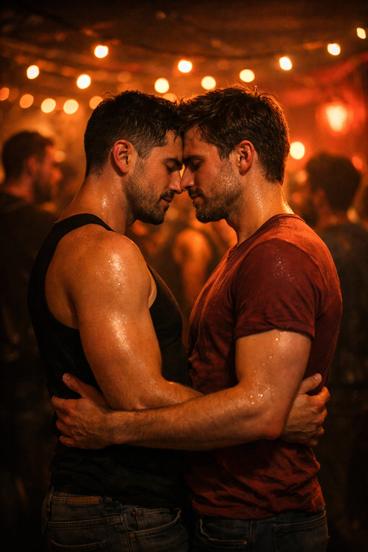 Gay couple dancing intimately in Tijuana underground club showcasing cross-border romance
