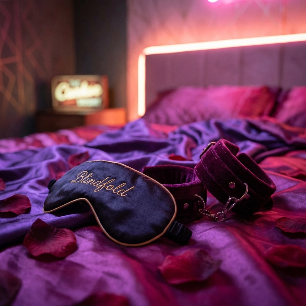 Silk blindfold and velvet restraints on satin sheets, suggesting low-stakes fantasies for introducing kink in relationships.