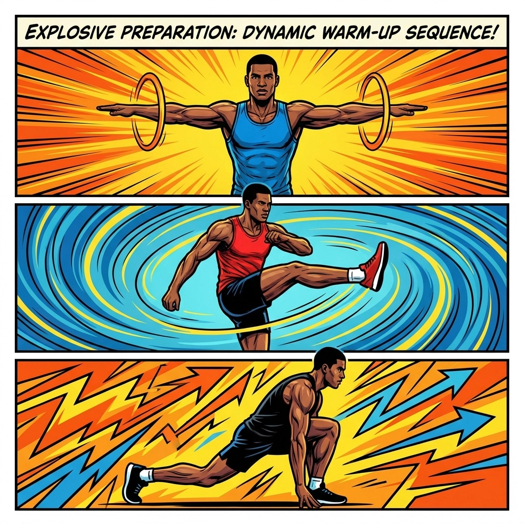 Dynamic warm-up sequence showing arm circles and leg swings for full body workout preparation