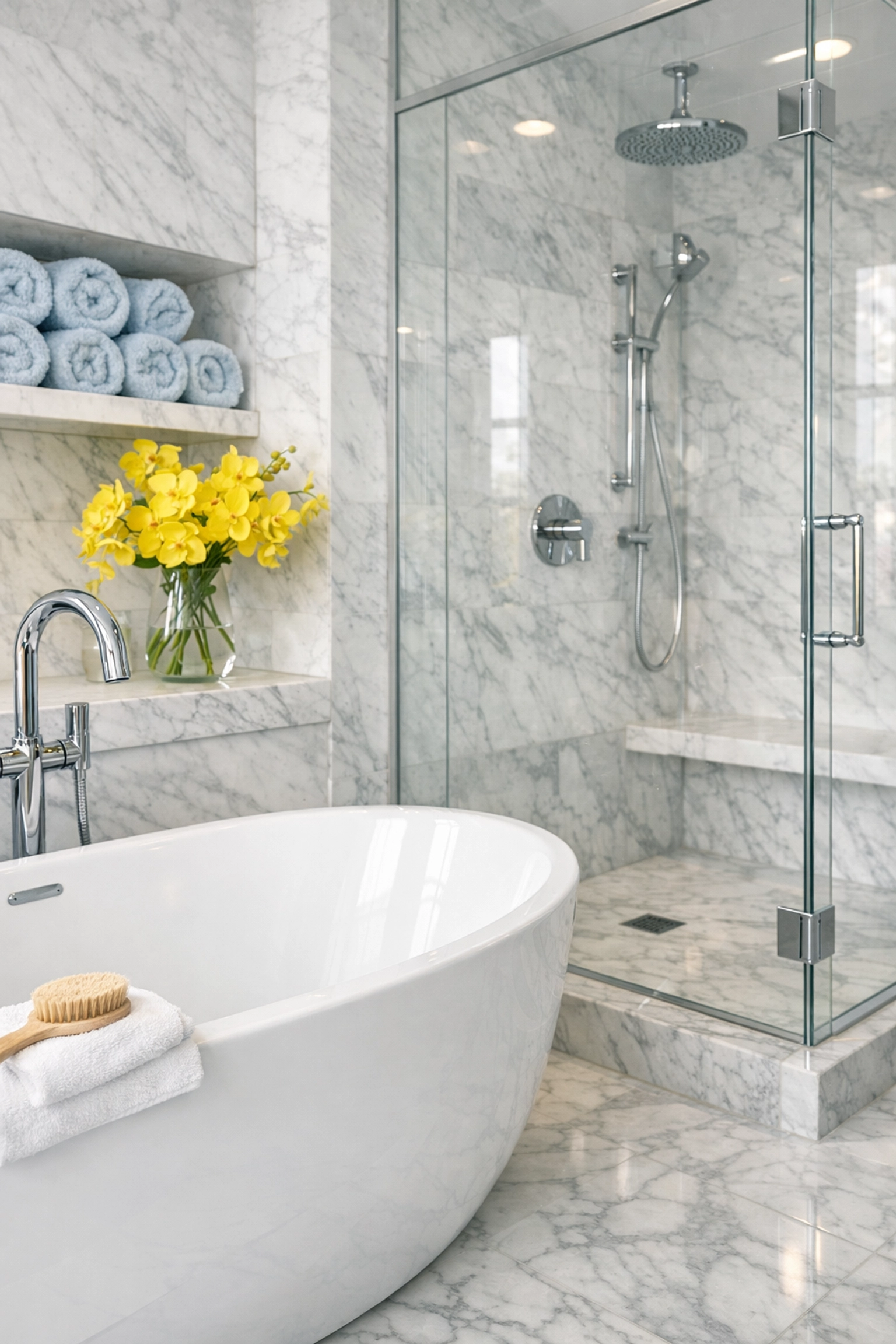 Luxury master bathroom with sparkling marble floors showcasing eco-friendly house cleaning Framingham MA results.