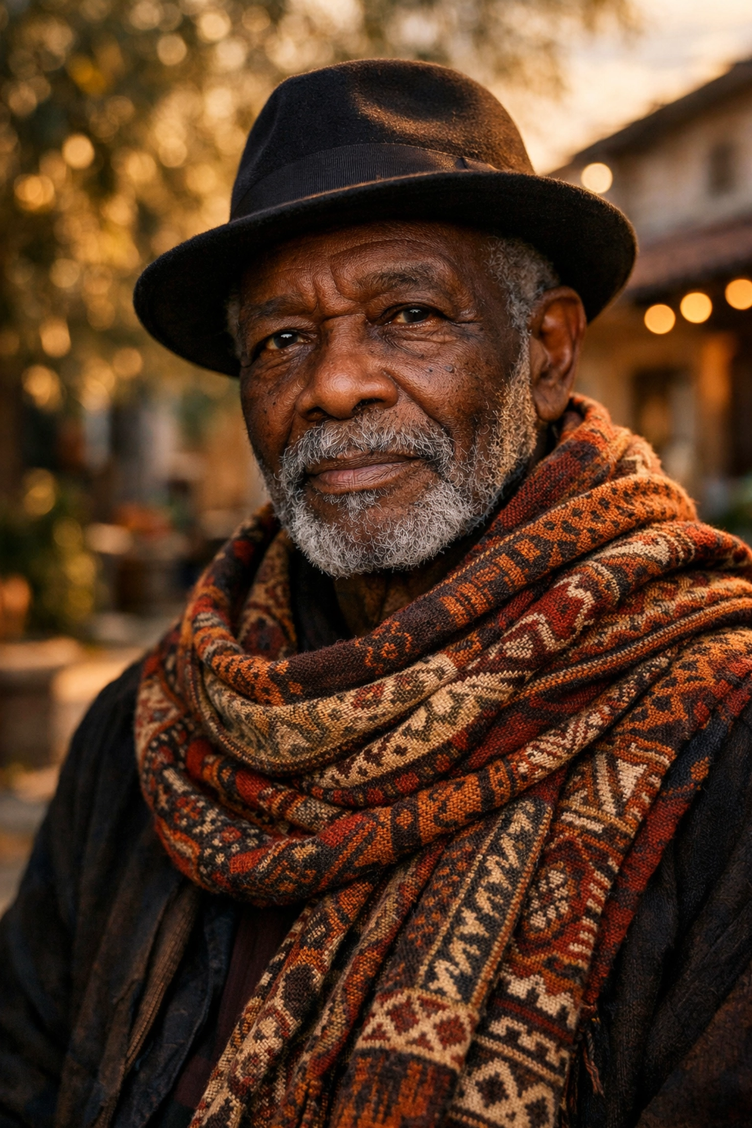 Portrait of a Black elder wearing a cultural patterned scarf and felt hat representing heritage.