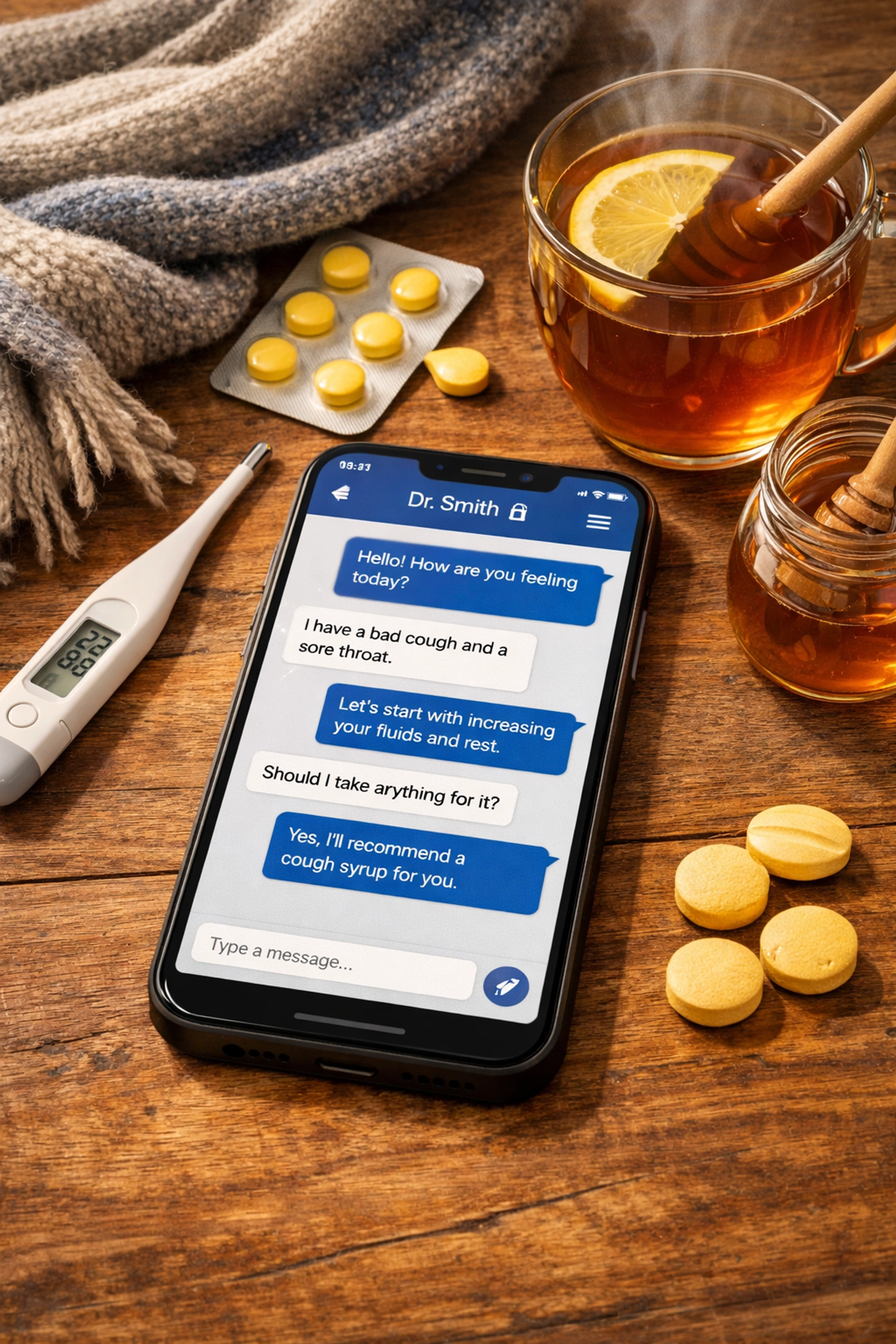 Smartphone displaying medical chat interface for online cold and flu treatment consultation