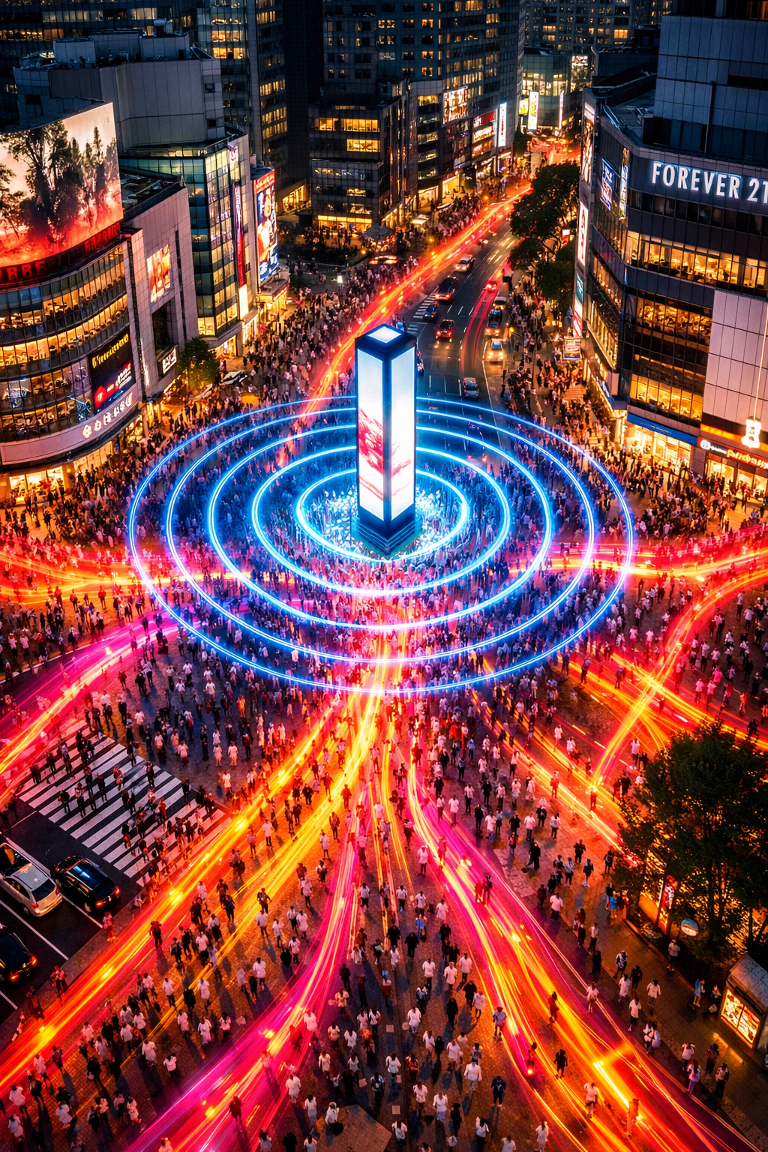 Aerial view of a city shopping district showing programmatic DOOH audience heat-maps and footfall attribution data.