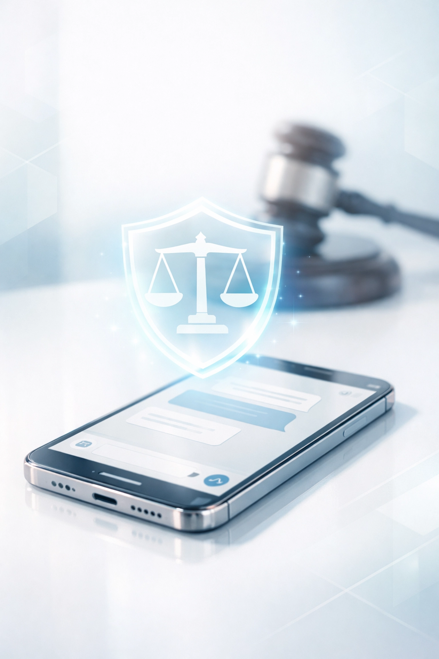 Smartphone on a desk with a legal shield and gavel silhouette symbolizing TCPA and SMS marketing compliance.