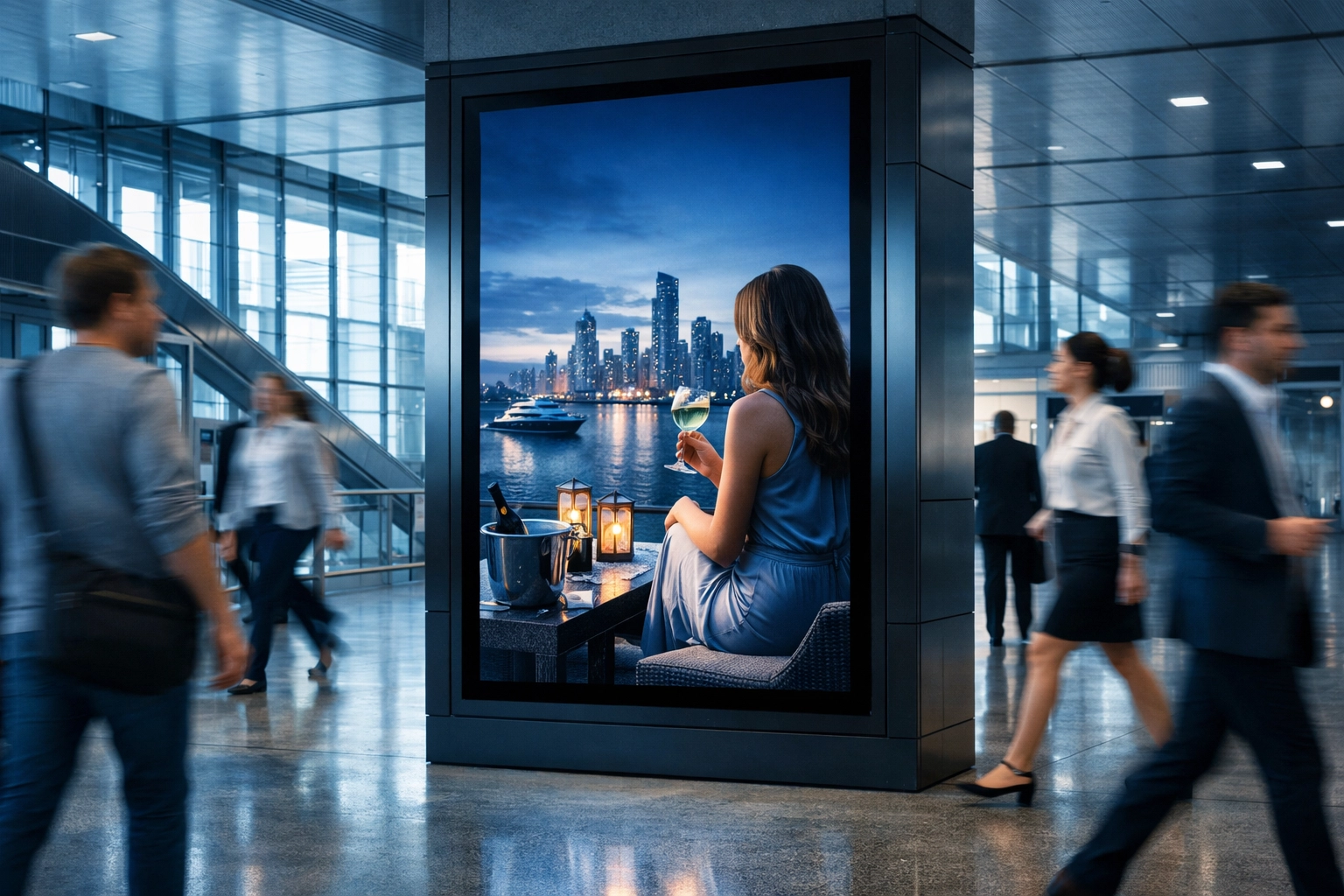 Hyper-targeted DOOH screen in a minimalist transit center displaying high-definition ads to travelers.