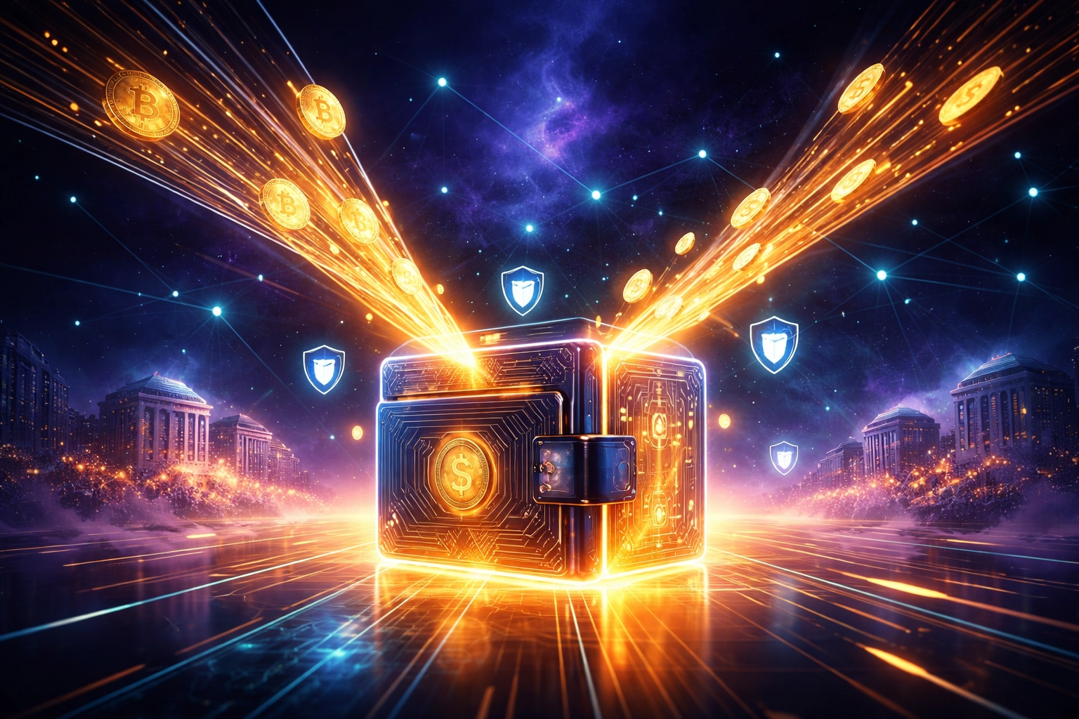 A secure digital wallet receiving cryptocurrency tokens, symbolizing self-custody and global Web3 payments.