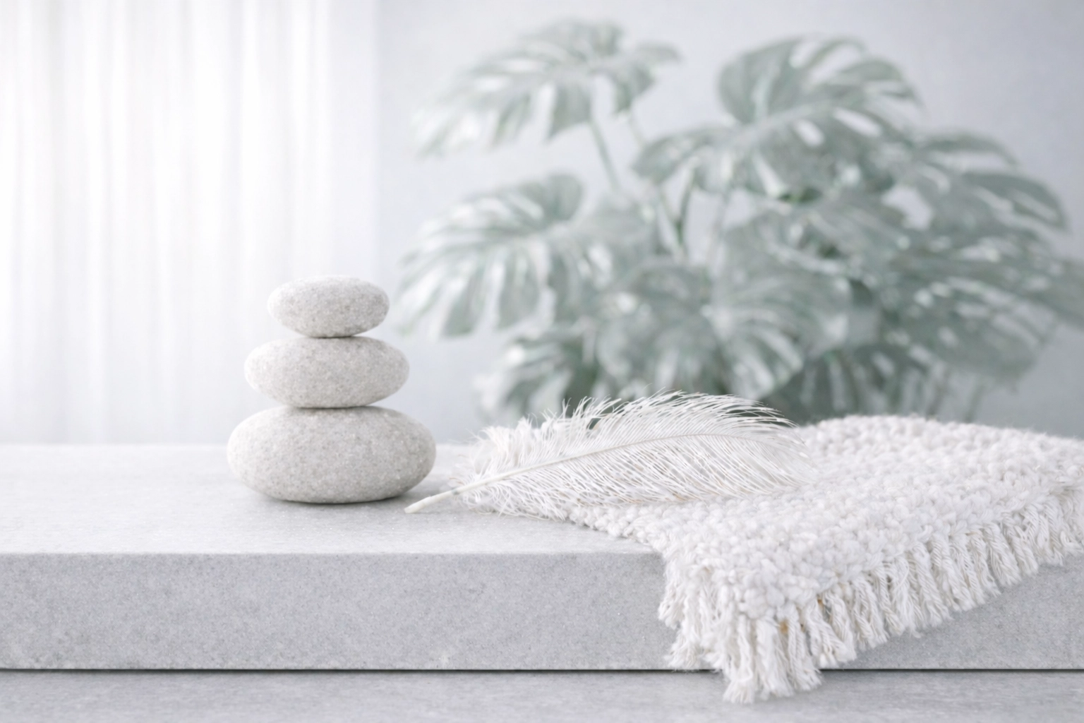 Balanced stones and a soft feather representing a state of regulated and ritual calm for stress recovery.