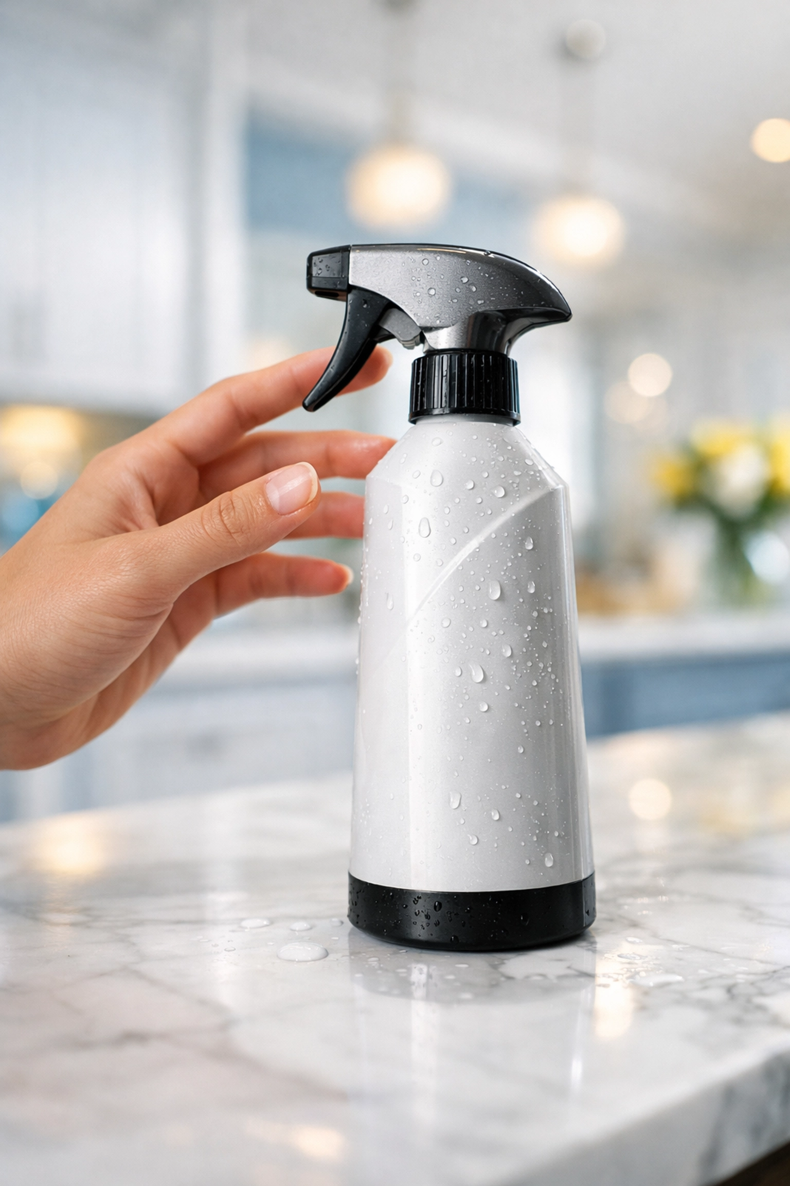 Hand reaching for a cleaning spray bottle on a marble counter to avoid spreading germs and cross-contamination.