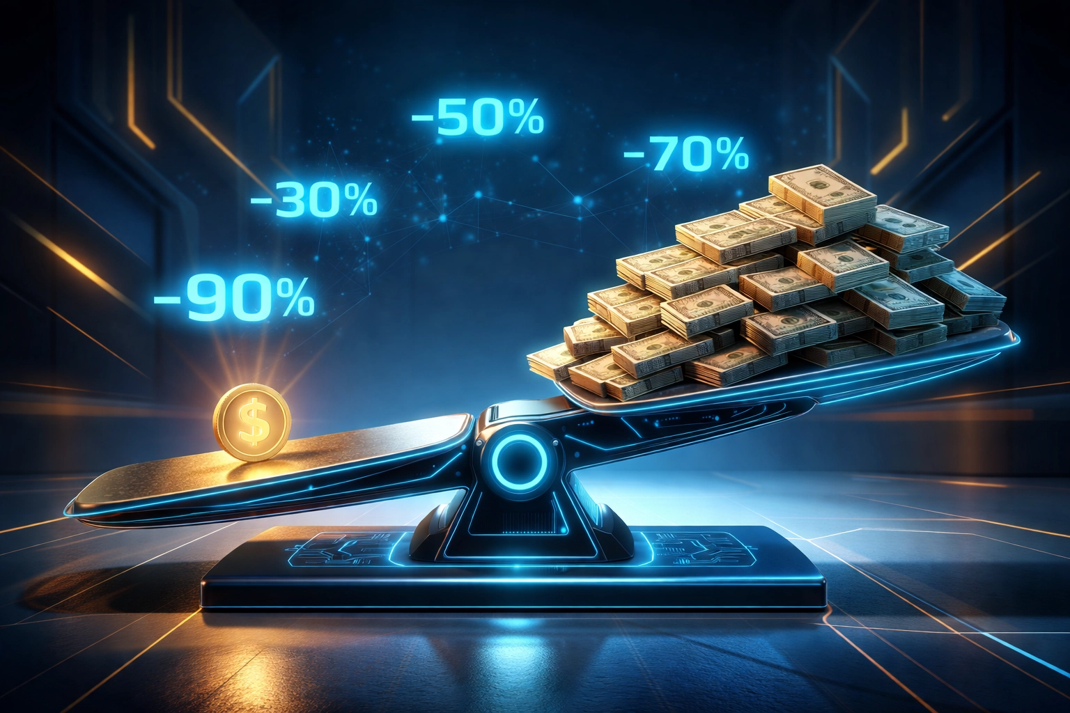 Futuristic scale comparing minimal crypto fee to large traditional payment fees, highlighting savings with receivables tokens