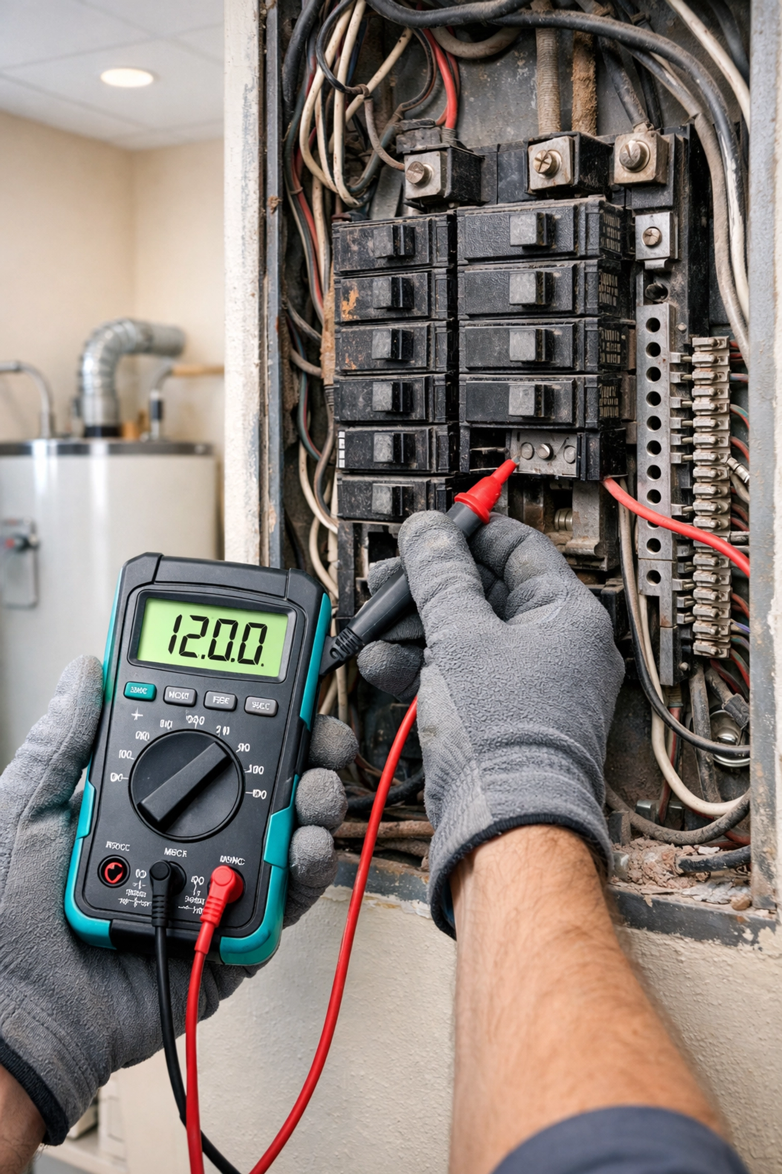 Electrician testing an old circuit breaker panel before an electrical panel upgrade in Florida.