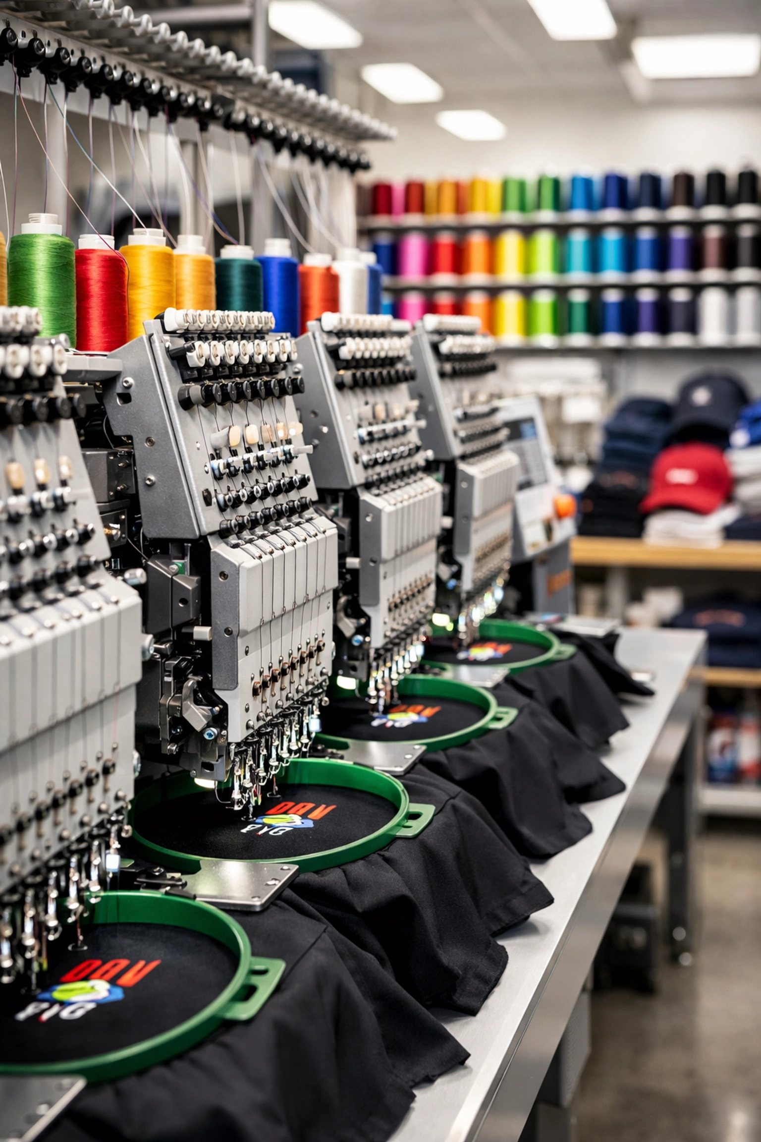 A professional custom printing shop in DFW featuring high-tech embroidery machines and colorful thread.