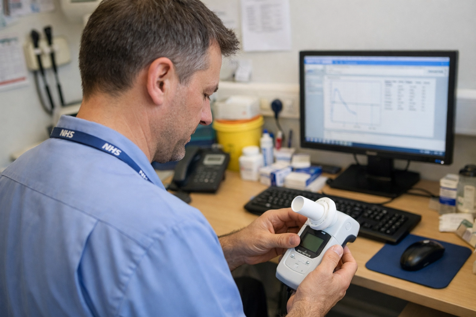 NHS respiratory nurse preparing a spirometry device for patient diagnostic testing in a clinical consultation room.