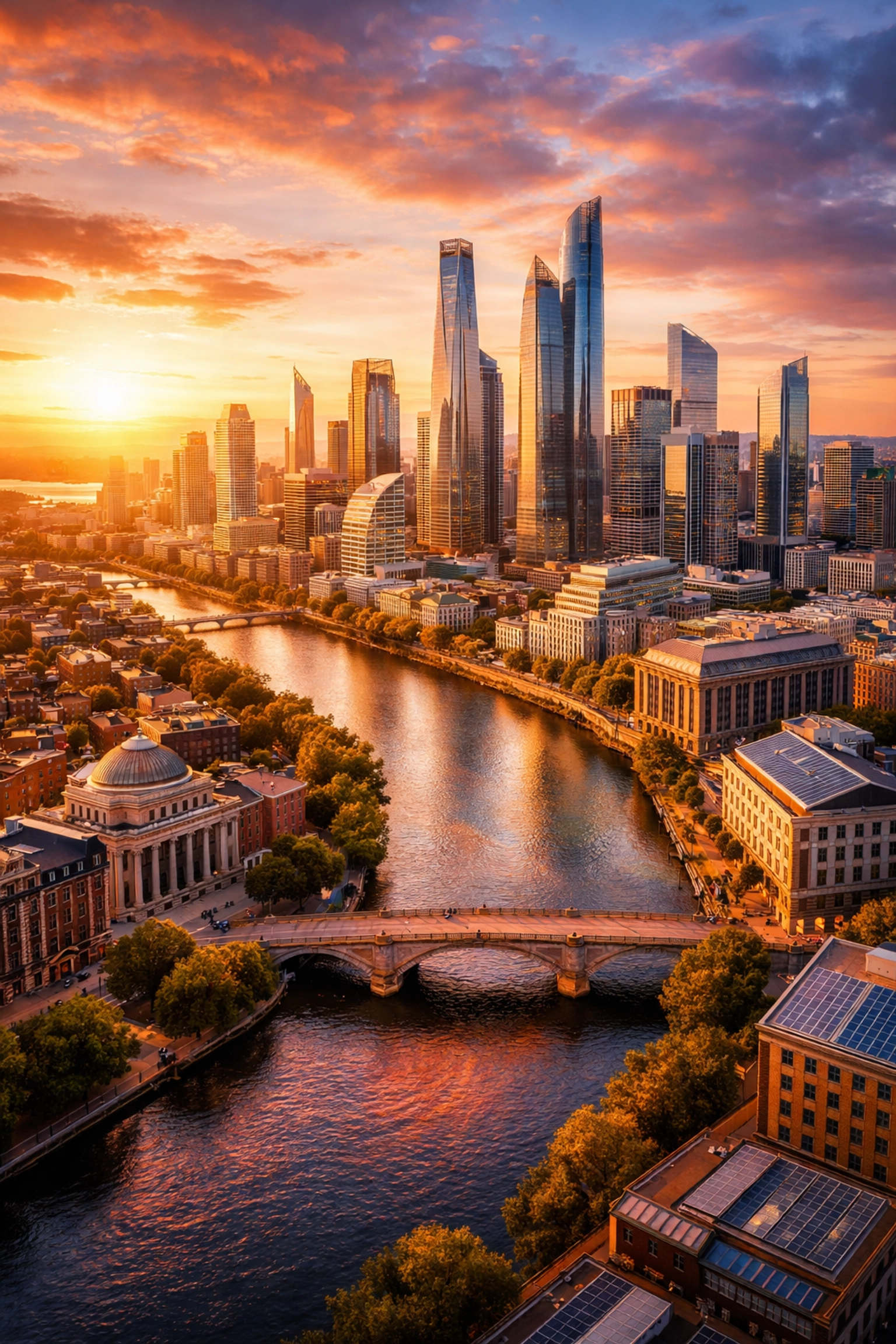 Cityscape blending classic and modern buildings representing diversified high-net-worth investment strategies