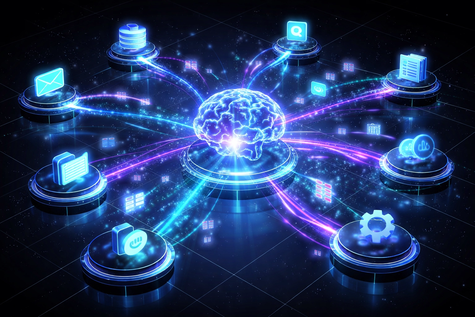 Illustration of AI-powered workflow automation connecting business tools for seamless, intelligent operations