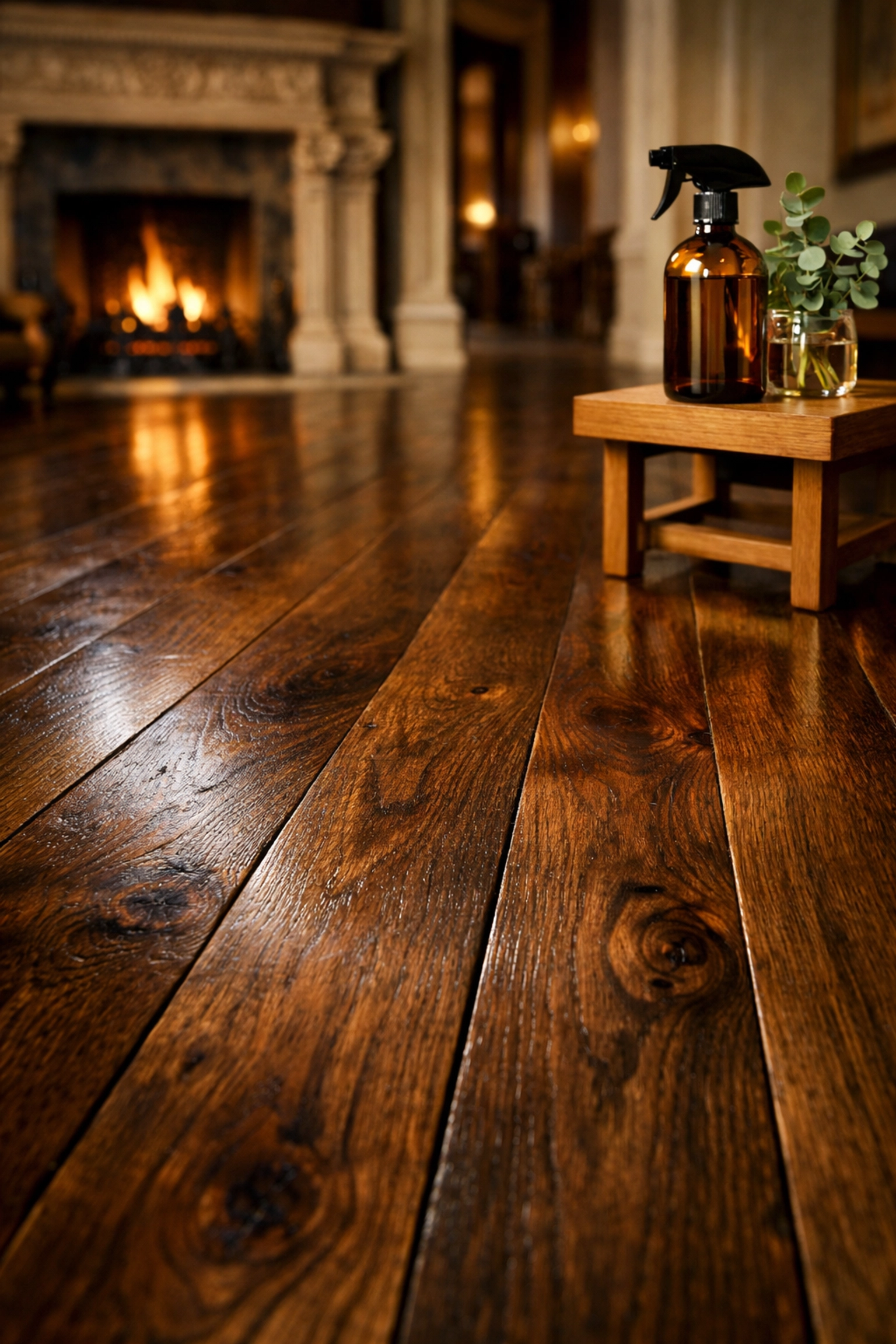 Polished dark walnut hardwood flooring in a premium Wellesley estate with natural cleaning solutions.