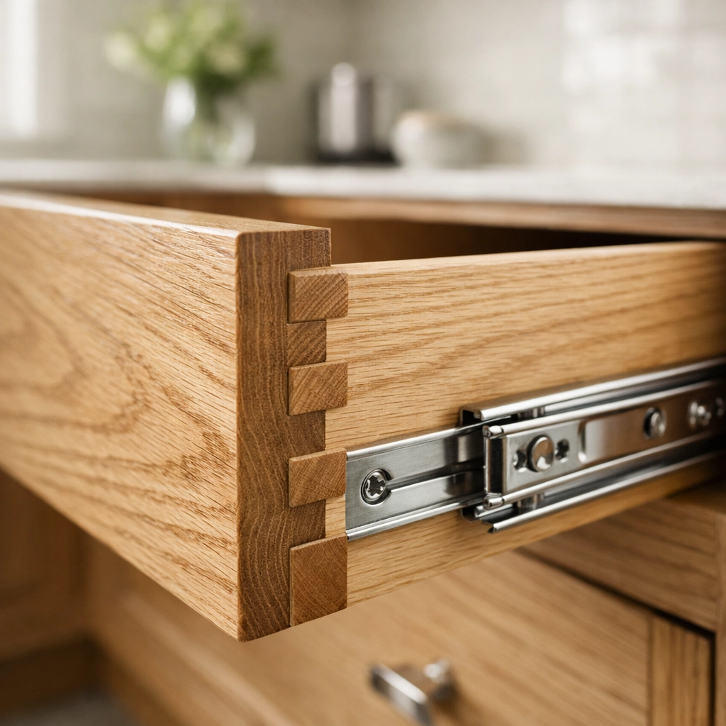 High-quality dovetail drawer joint construction in a custom solid wood kitchen cabinet.