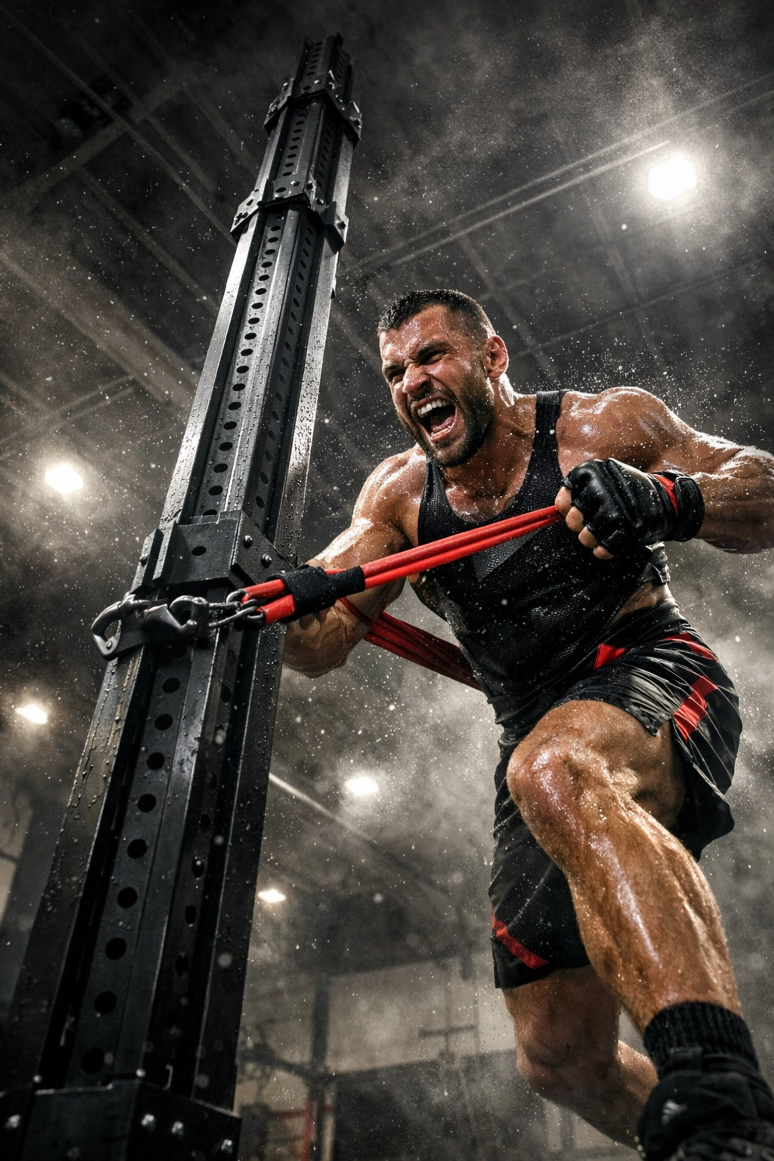 MMA fighter using the Resistance Rail for intense band-based resistance training and full body workouts.
