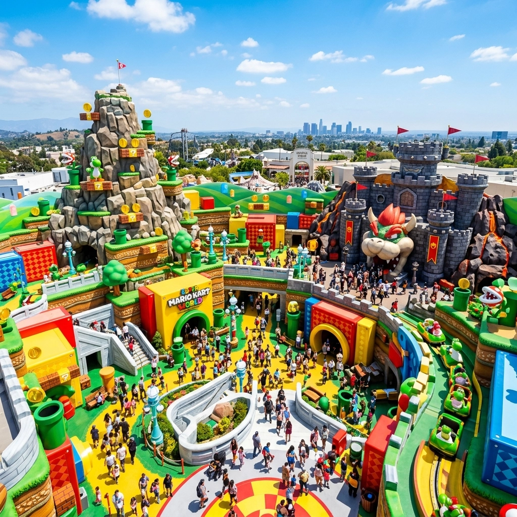 Universal Studios Hollywood Photography Guide 2026: How to Capture Movie Magic Without a Hollywood Budget 2 Wide-angle view of Super Nintendo World, capturing the vibrant colors of the Mushroom Kingdom photo spots.