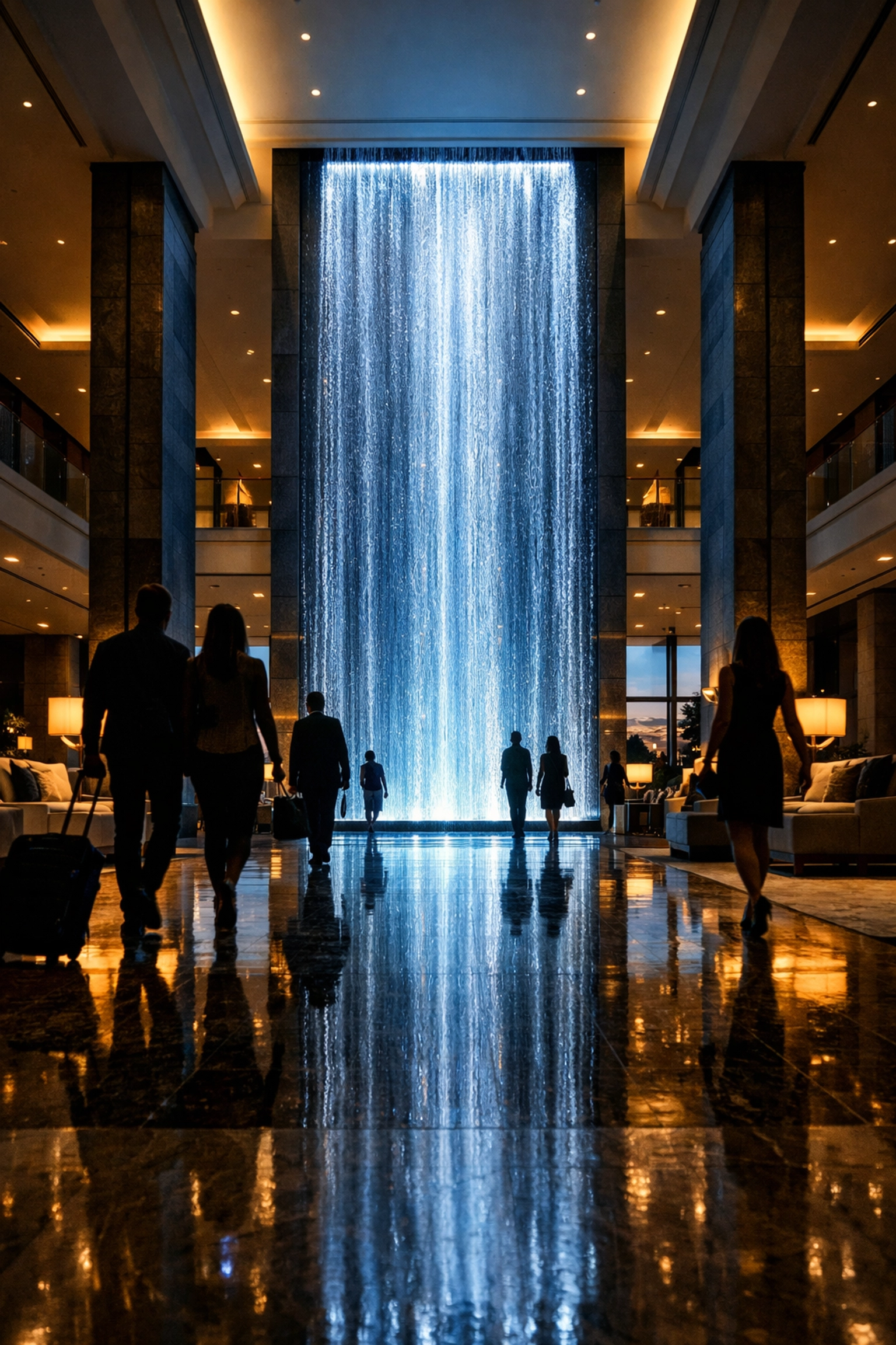 Luxury hotel lobby with illuminated waterwall creating unforgettable first impression for guests