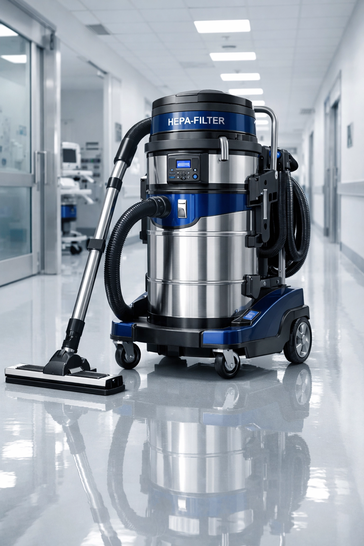 Advanced HEPA-filter vacuum cleaning high-gloss medical office floors for superior indoor air quality.