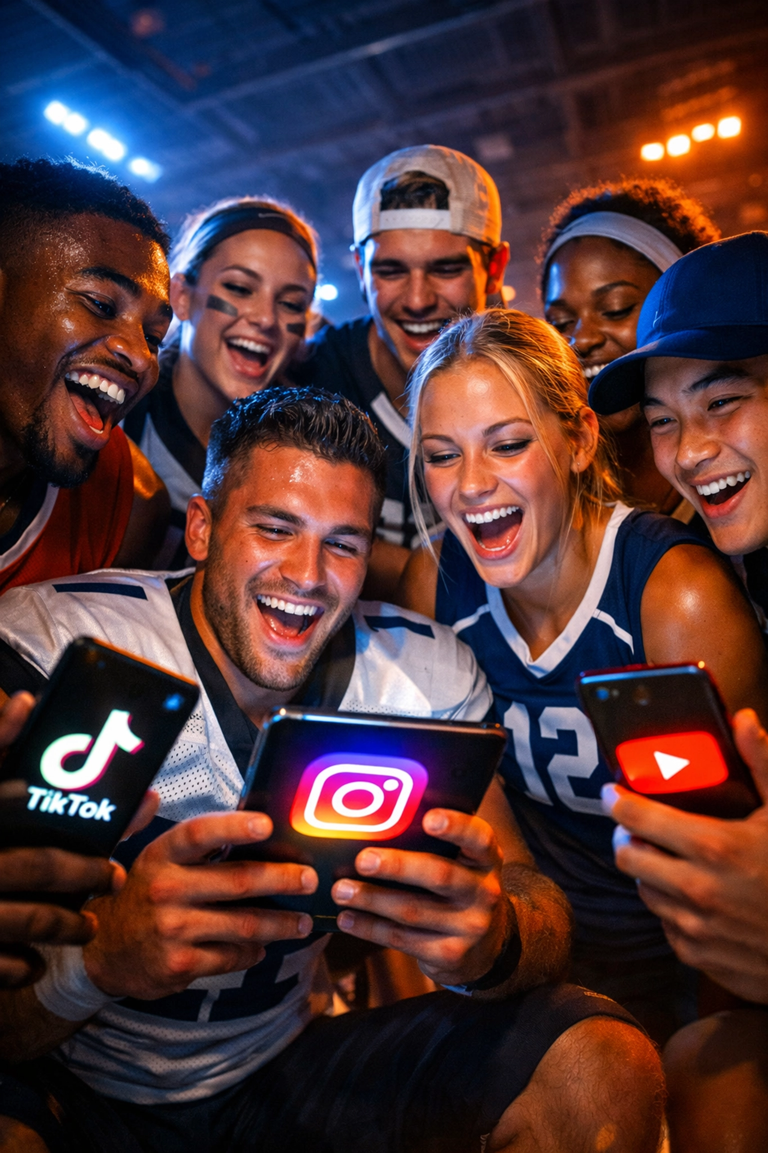 College athletes using smartphones and tablets for Super Bowl social media marketing campaigns