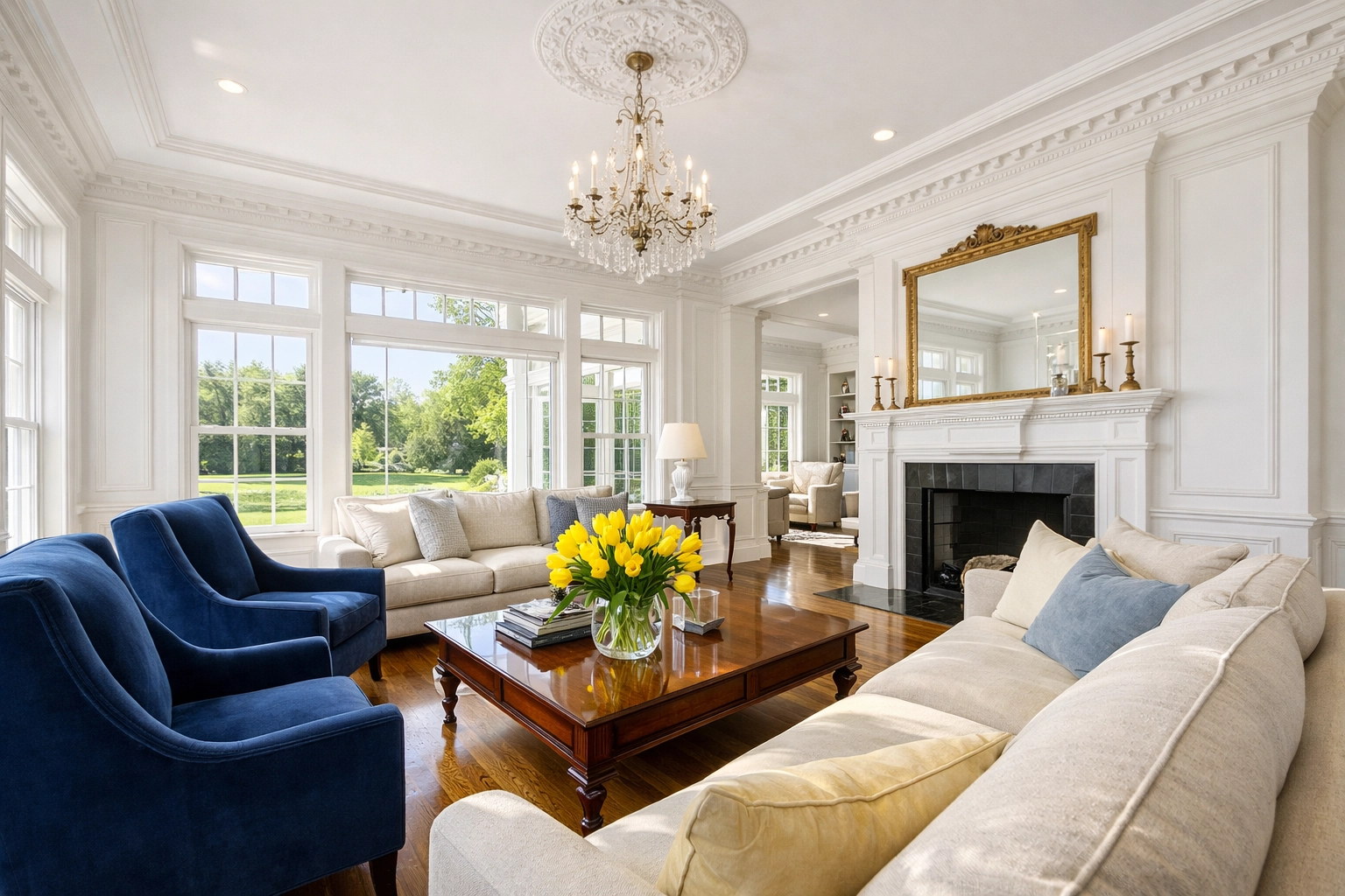 Immaculate living room with clean hardwood floors, showcasing deep cleaning services Massachusetts homeowners trust.