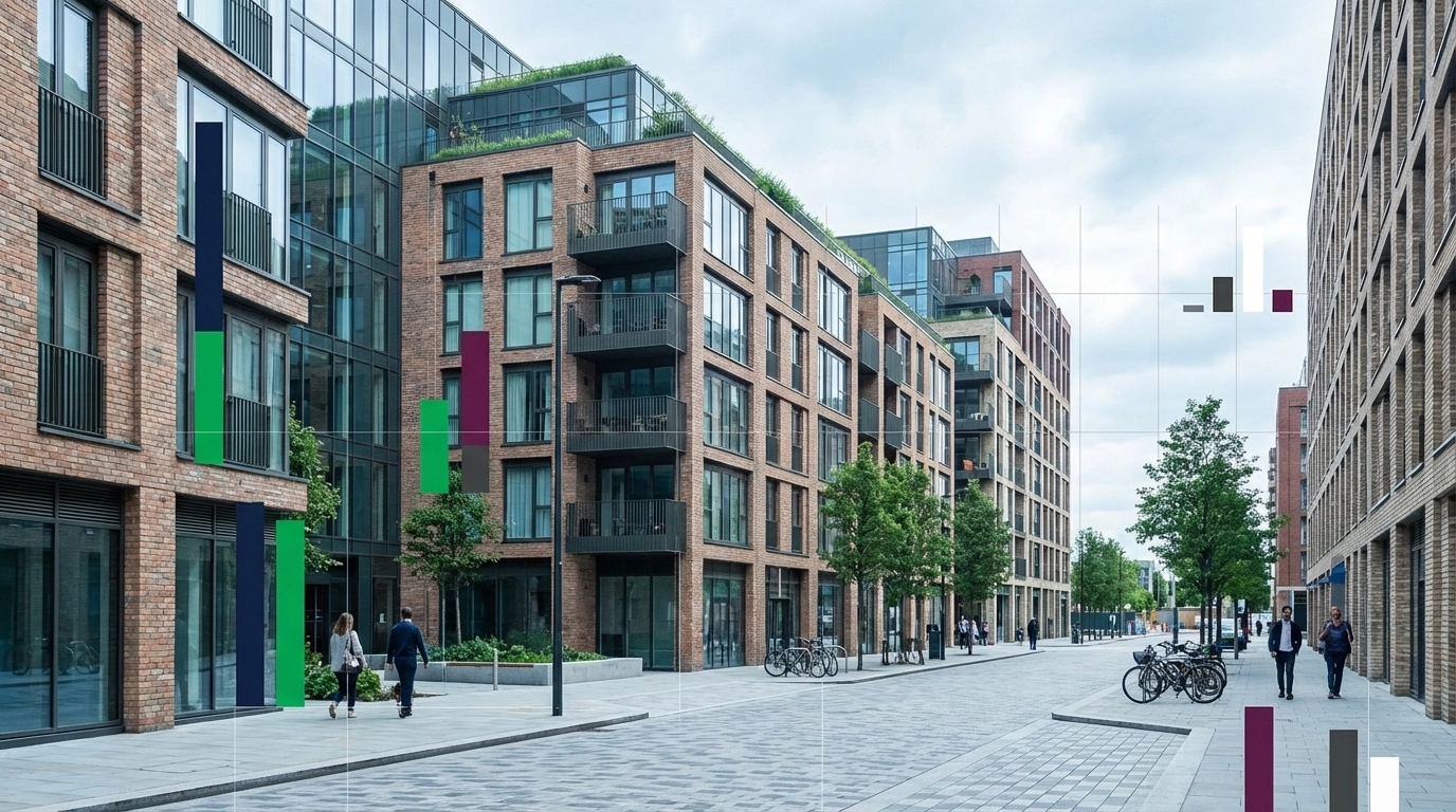 Modern urban street with brick buildings, people walking, and parked bikes. Cloudy sky and trees along the pavement create a calm atmosphere.