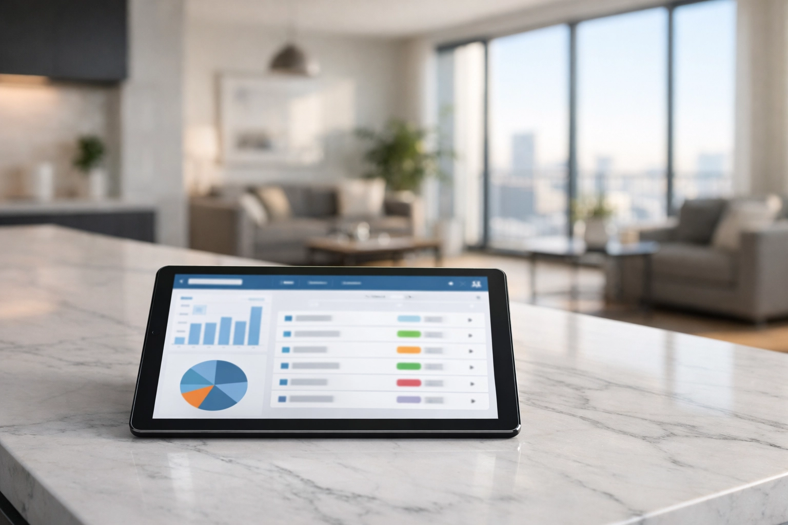 Digital property management portal on a tablet in a modern kitchen for streamlined apartment turnover tasks.