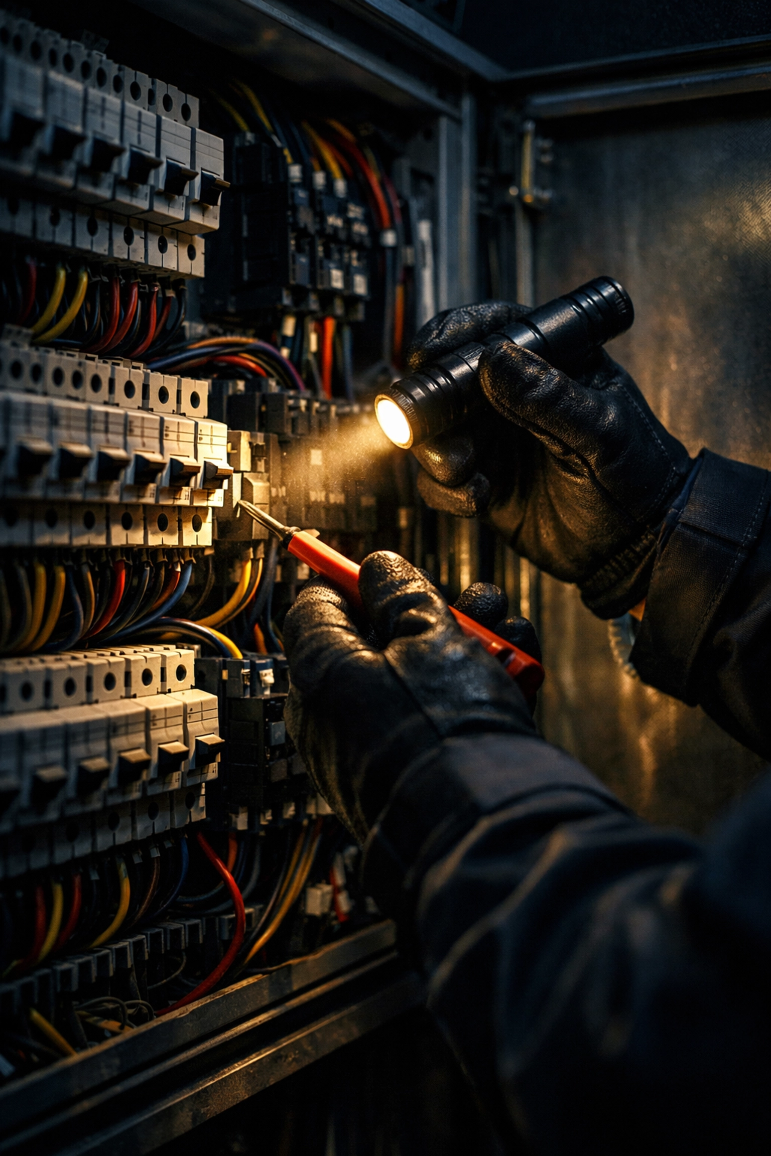 TJ Nowak technician performing a professional inspection of an industrial electrical control panel.