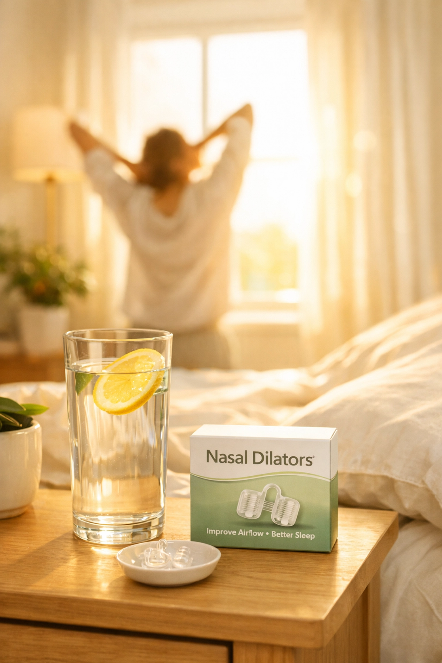 Morning wellness routine featuring nasal dilators and hydration for healthy respiratory habits.