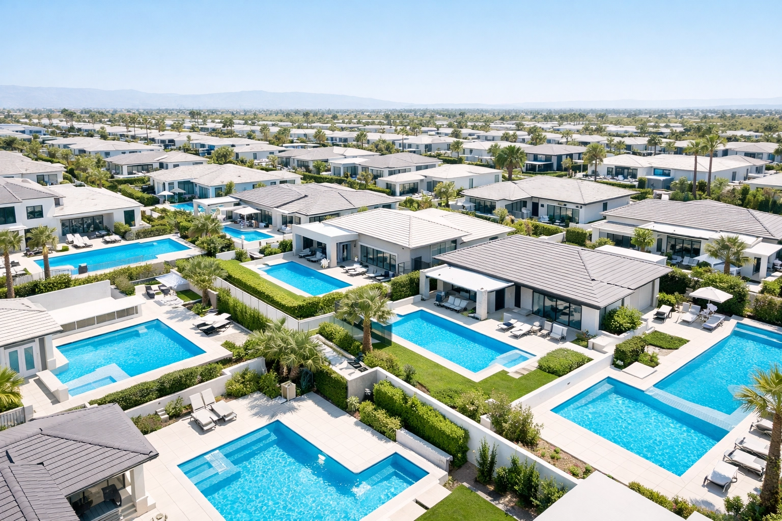High-density suburban neighborhood with swimming pools, ideal for pool routes for sale in Texas and Florida.