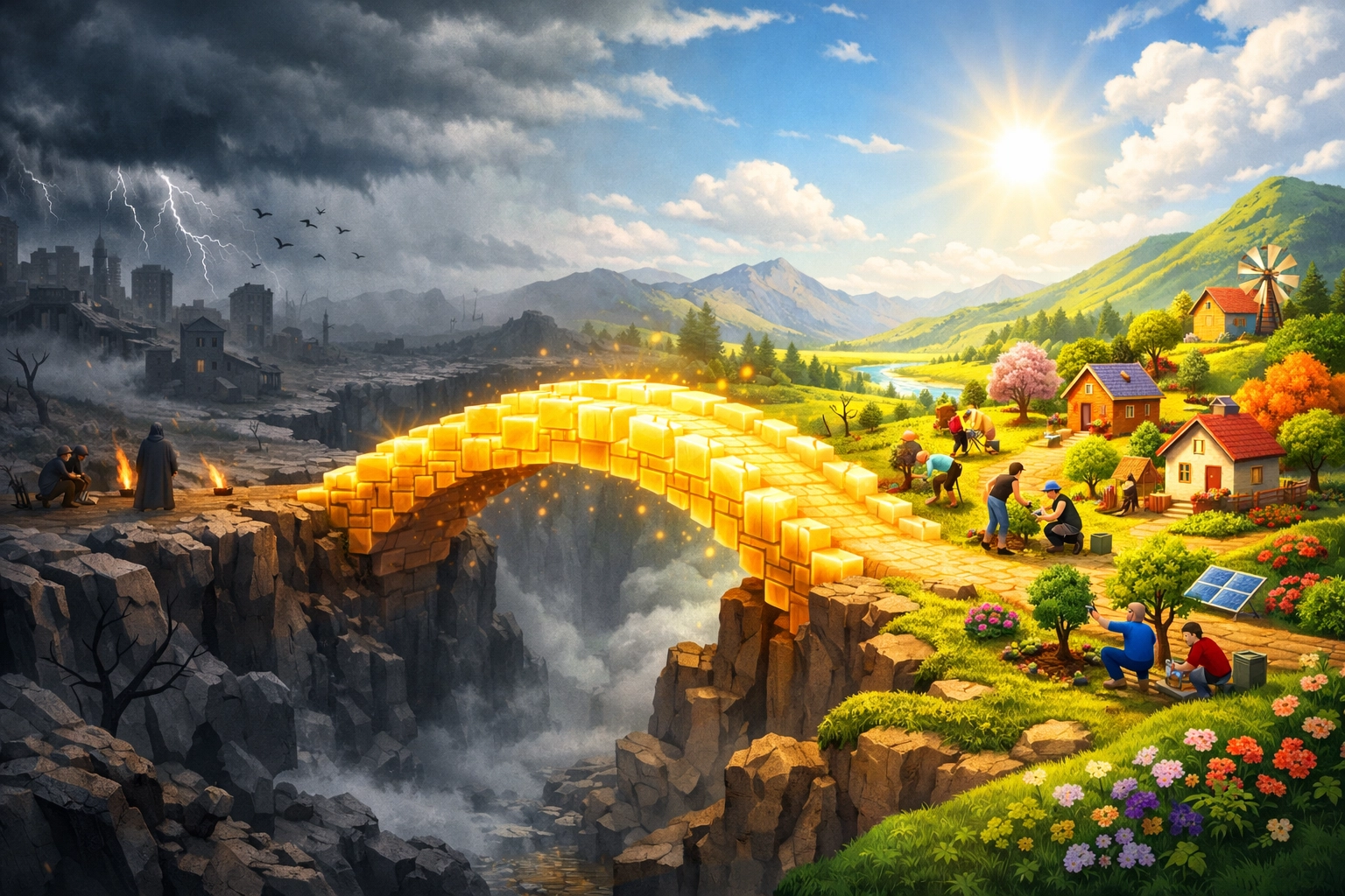 A glowing bridge connecting a dark storm to a hopeful, sunlit valley of restoration and problem-solving.