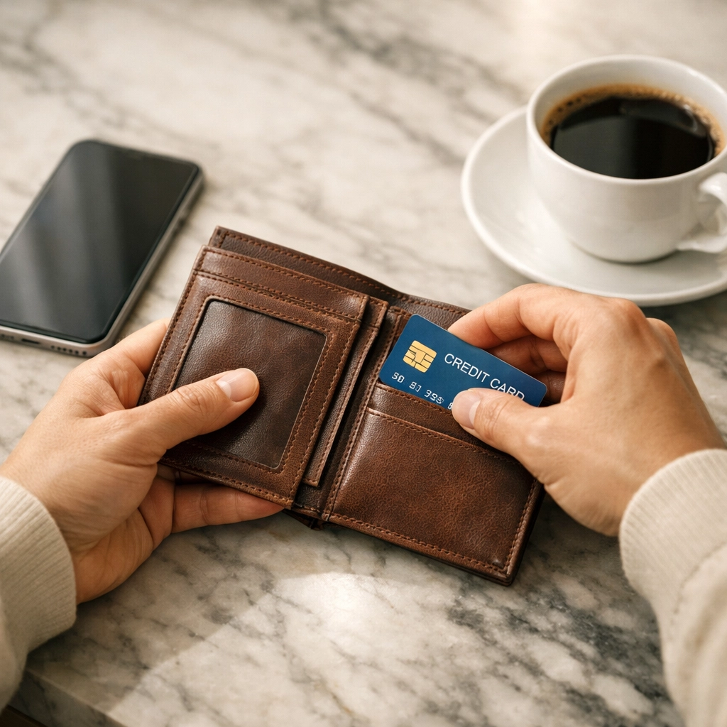 Responsible credit management showing a person placing a secured credit card Canada into a leather wallet.