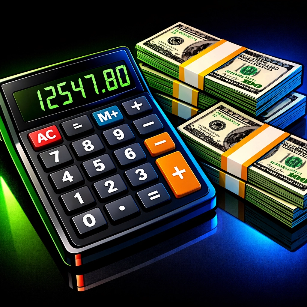 Calculator and cash showing car purchase budget planning with sales tax in Arnold MO