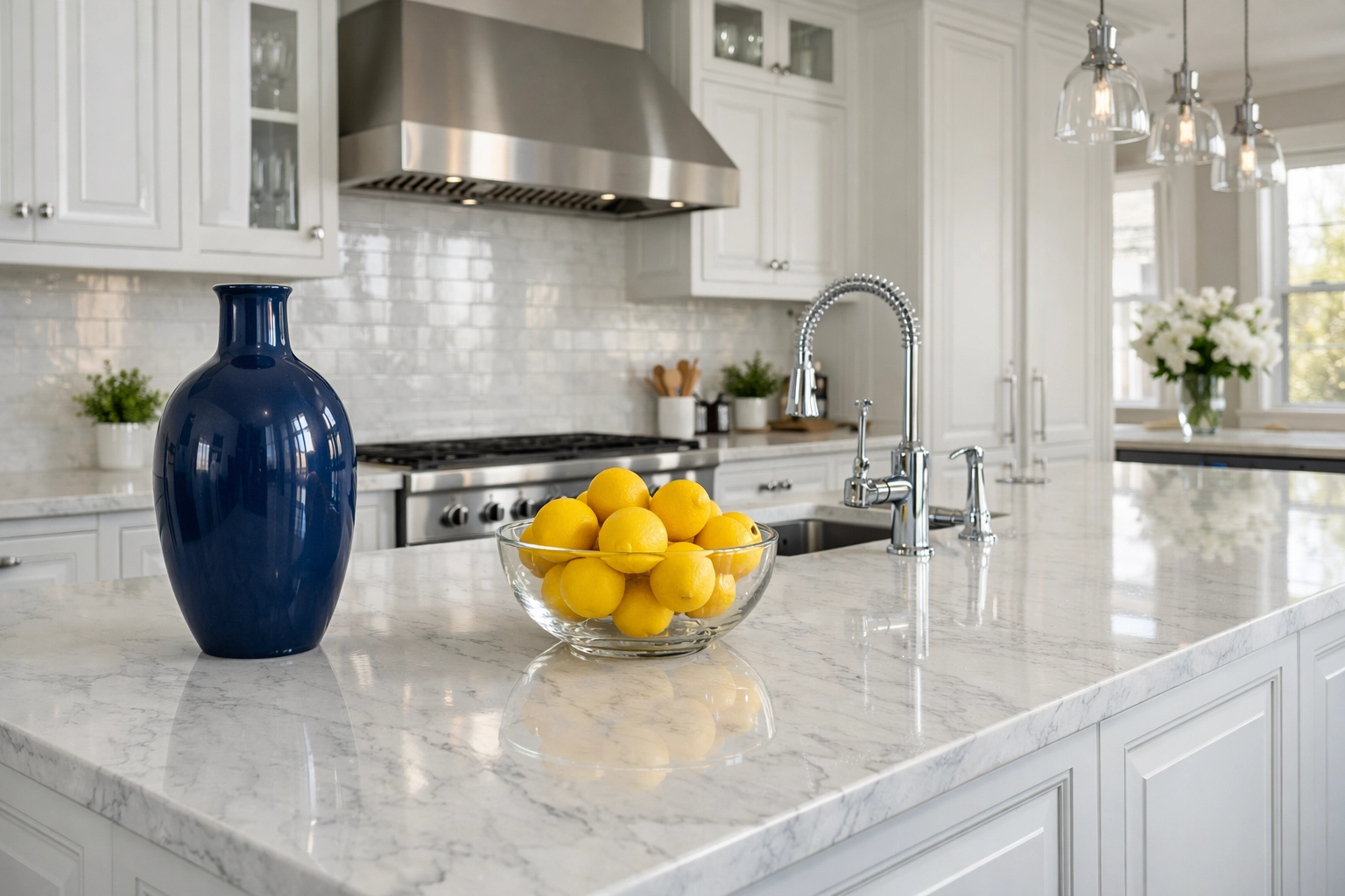 A spotless luxury kitchen after a professional deep cleaning Worcester MA, featuring a white marble island.
