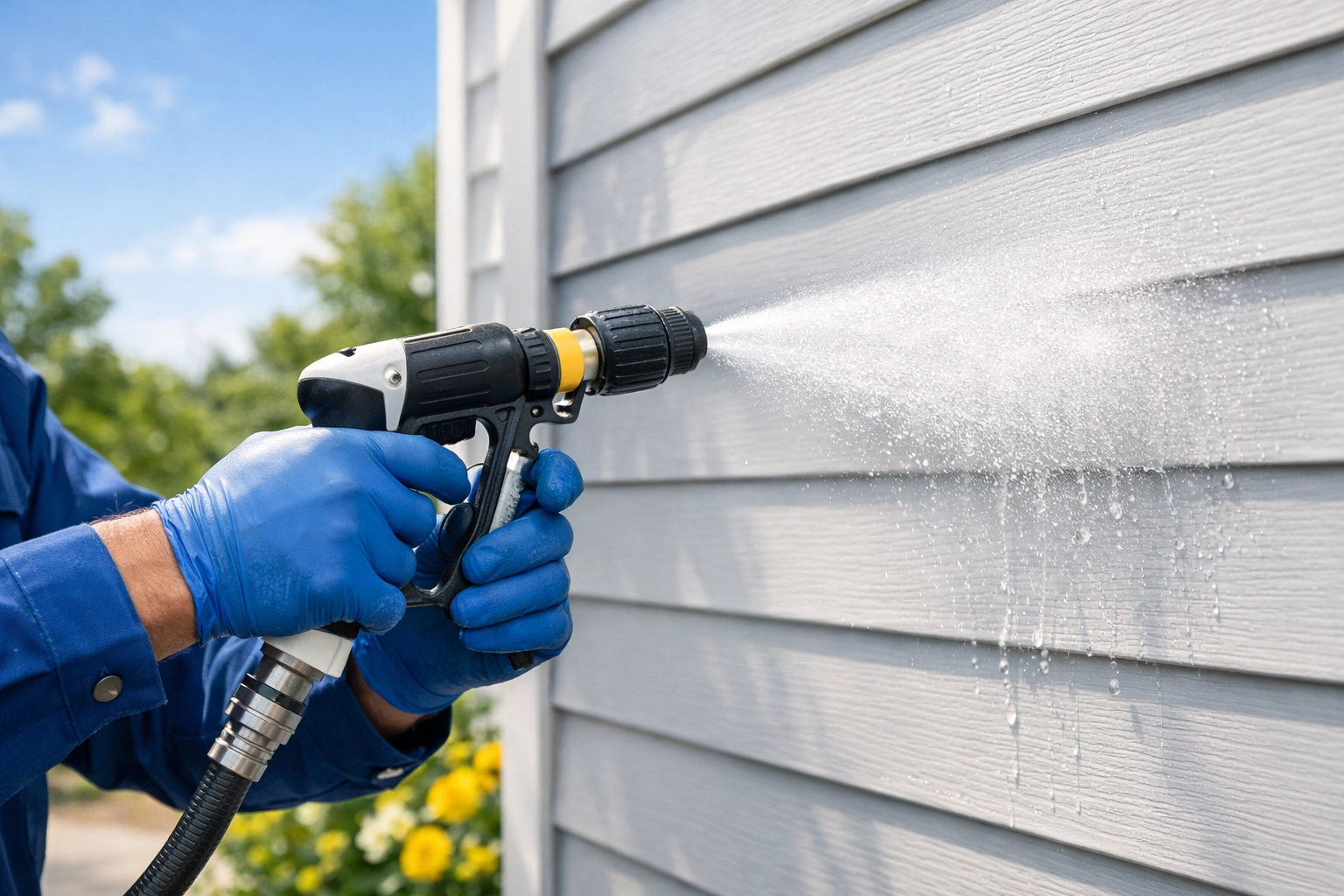 Professional soft washing of vinyl siding using eco-friendly cleaning solutions on a Massachusetts home exterior.