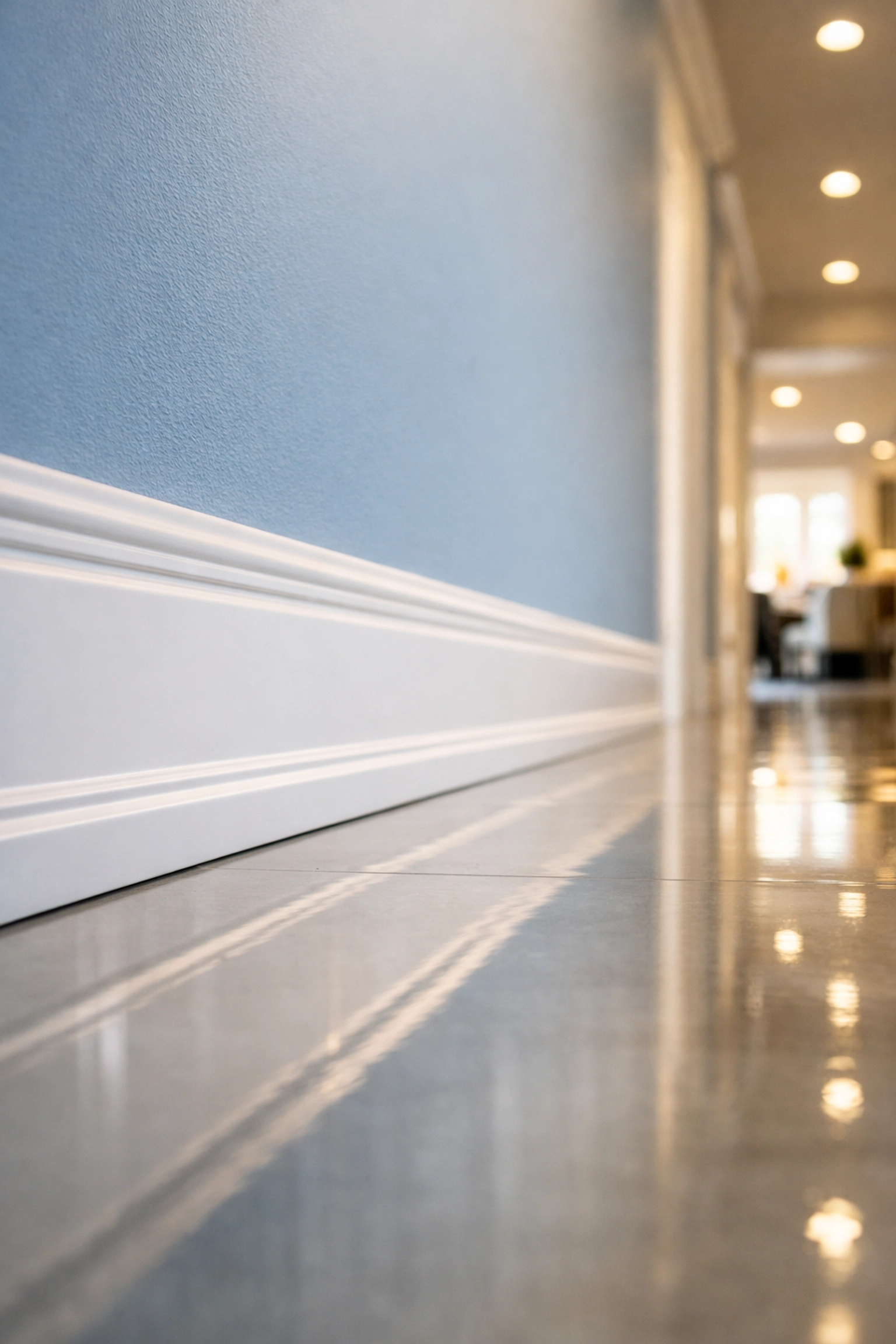 Spotless white baseboards and polished floors after a professional house cleaning Worcester MA service.