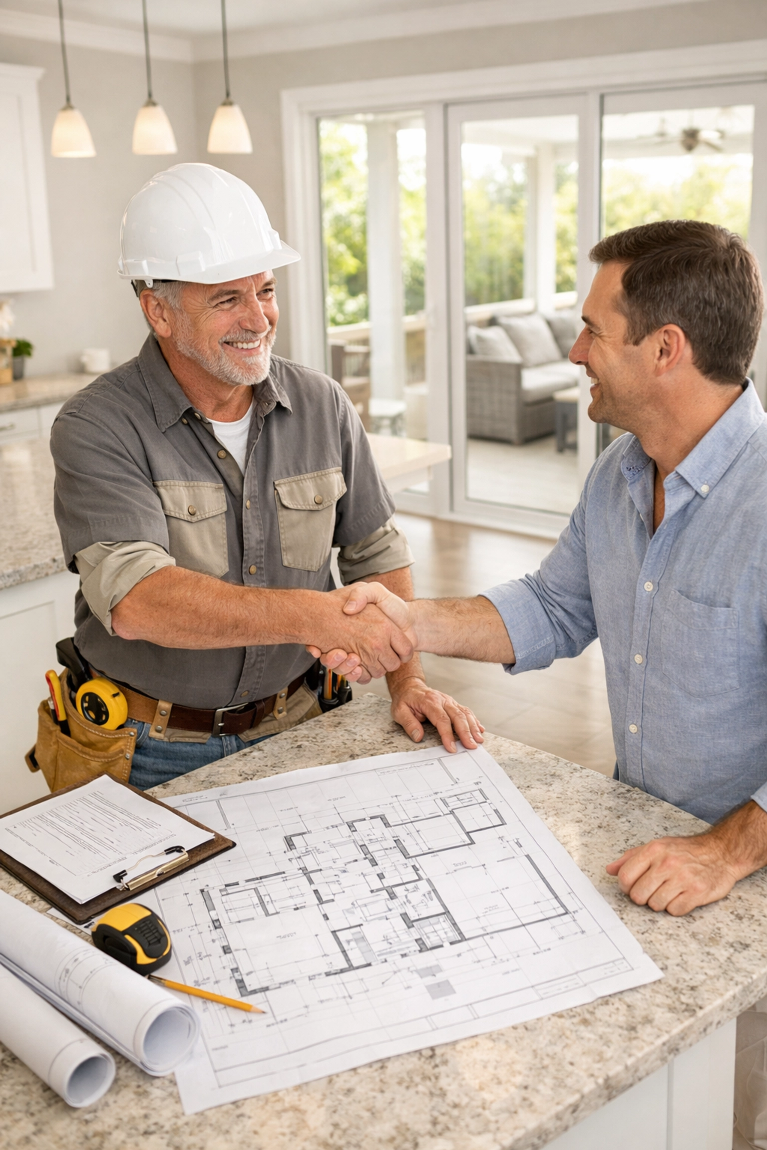 Orlando general contractor meeting with homeowner to discuss renovation plans and blueprints