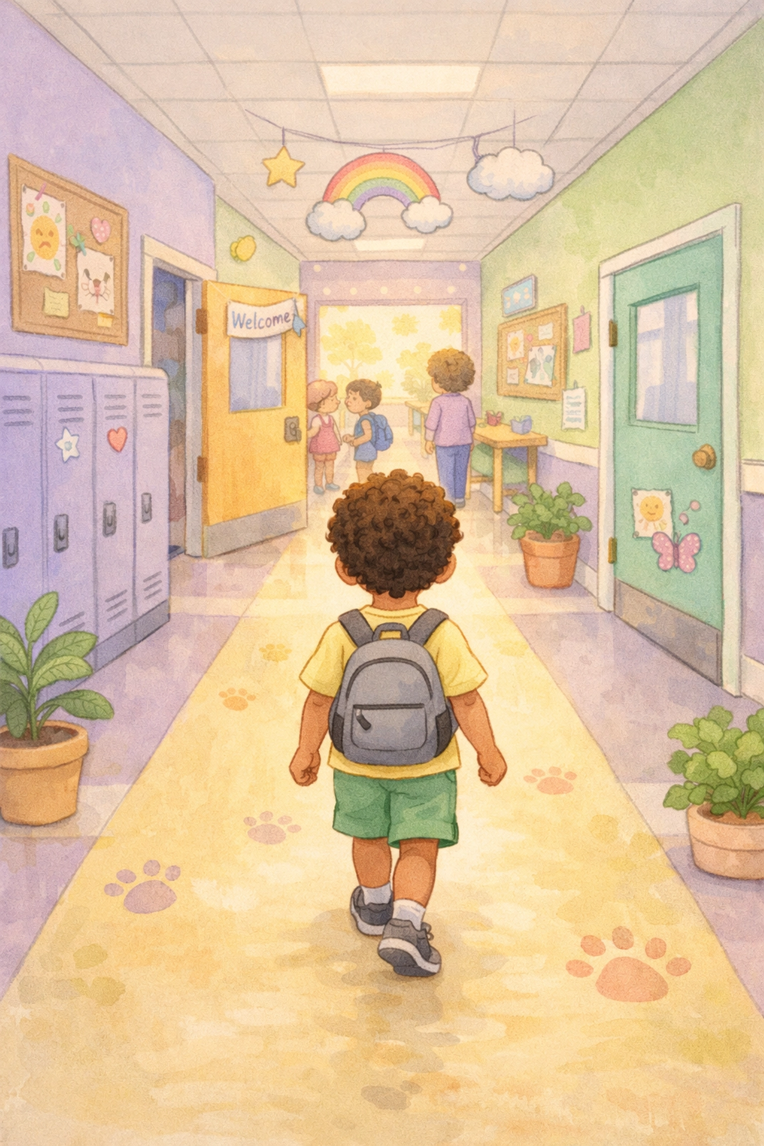 A young child with curly hair and a backpack walks down a bright, cheerful school hallway decorated with pastel lockers, plants, and children’s artwork. Two adults greet each other near a classroom door ahead, creating a welcoming first-day-of-school atmosphere.