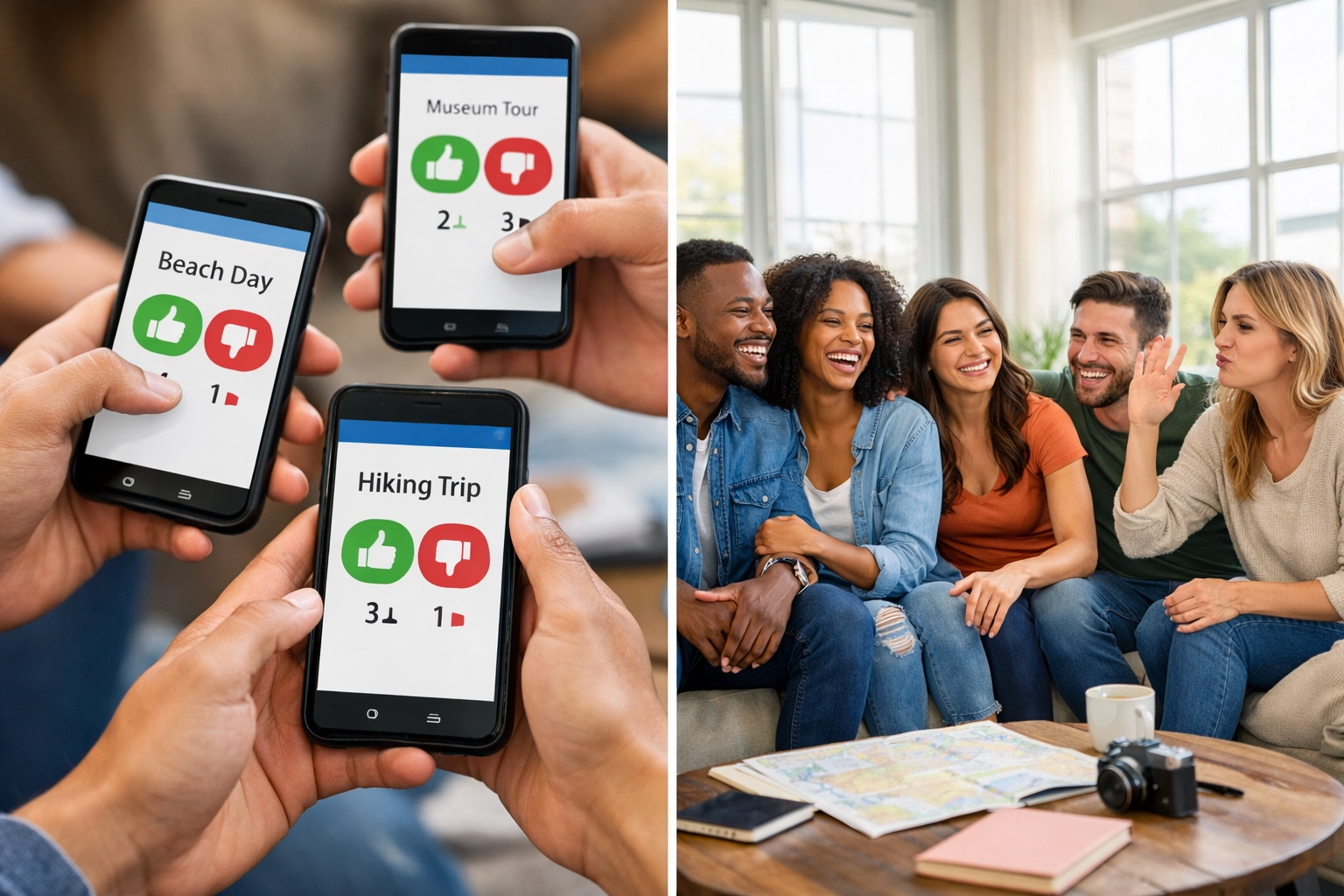 Group of travelers using smartphones to vote on vacation activities and make travel decisions