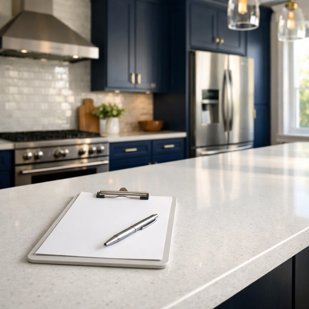 A kitchen cleaning checklist on a white quartz island after professional deep cleaning in Carlisle.