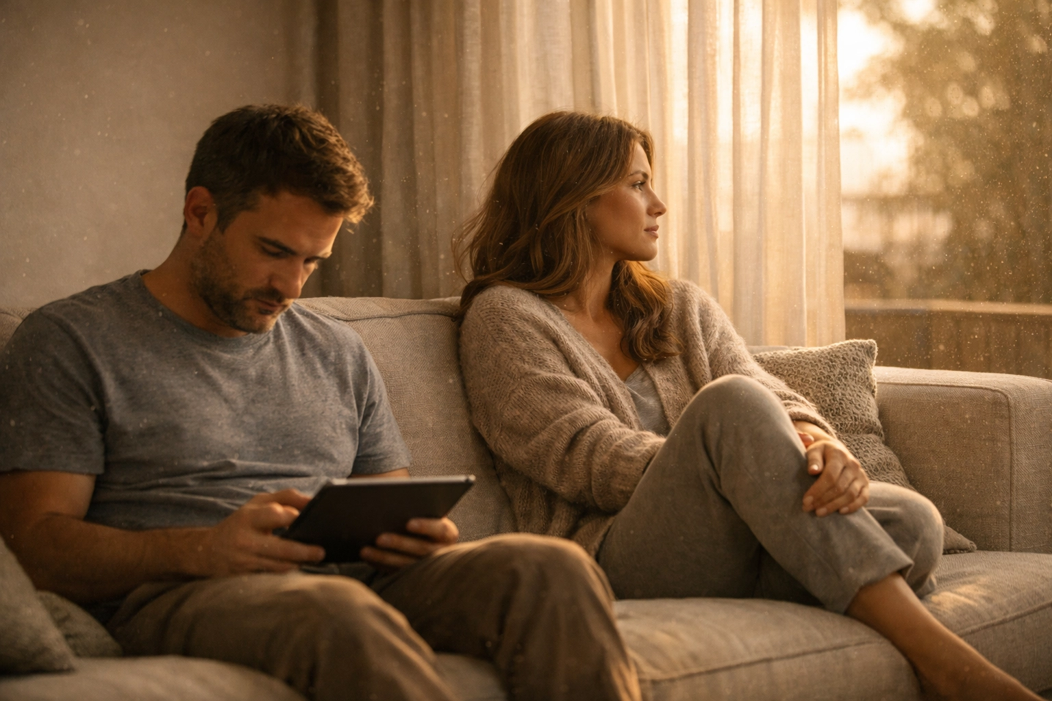 Kanapén egymástól elforduló pár, a szexuális távolságtartás és a merevedési zavar érzelmi hatásai.